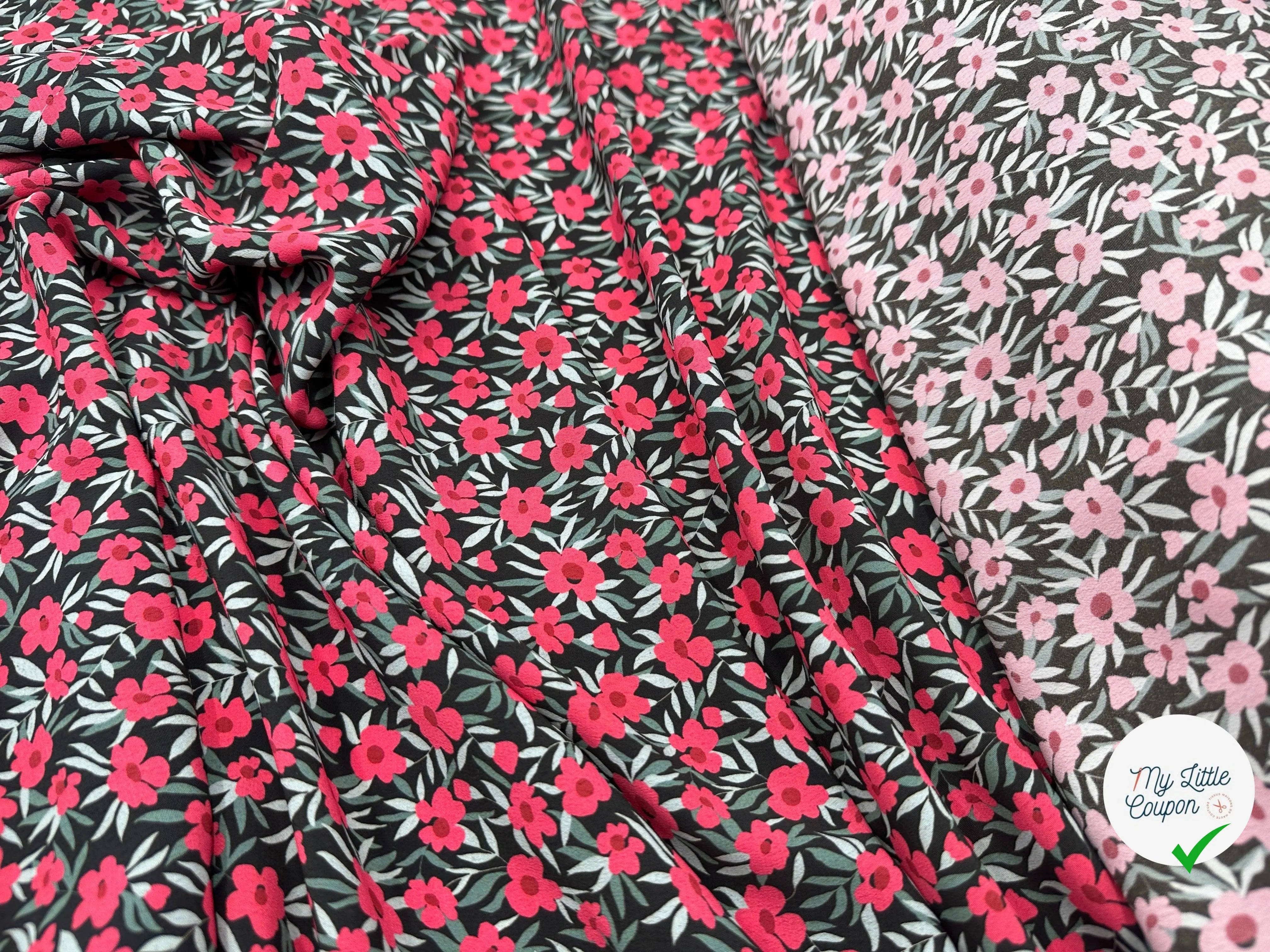 CRÊPE MAROCAIN FOND NOIR À FLEURS ROSES - My Little Coupon - tissu - coudre