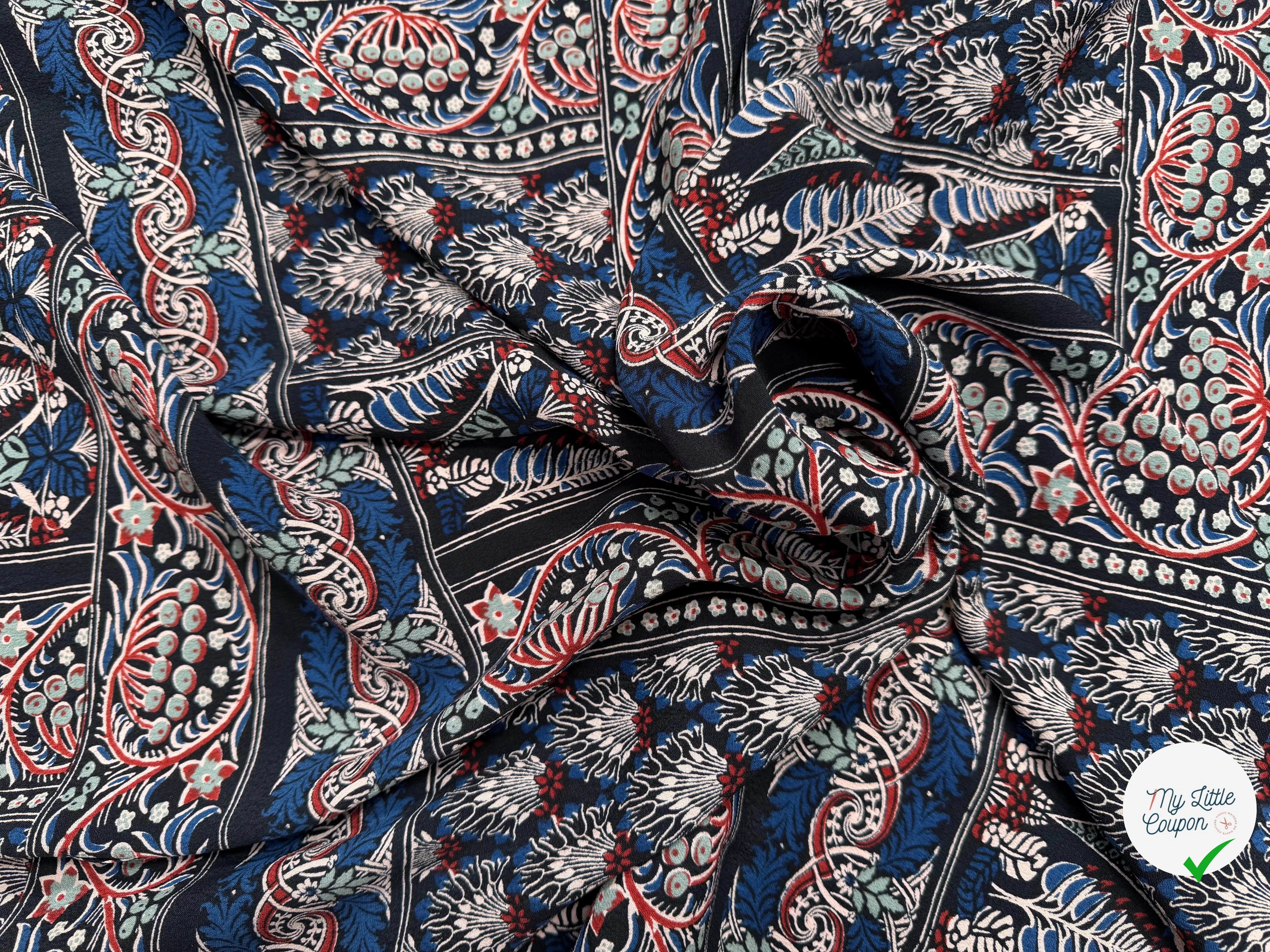 CREPE MAROCAIN VISCOSE BLEU FEUILLAGES - My Little Coupon