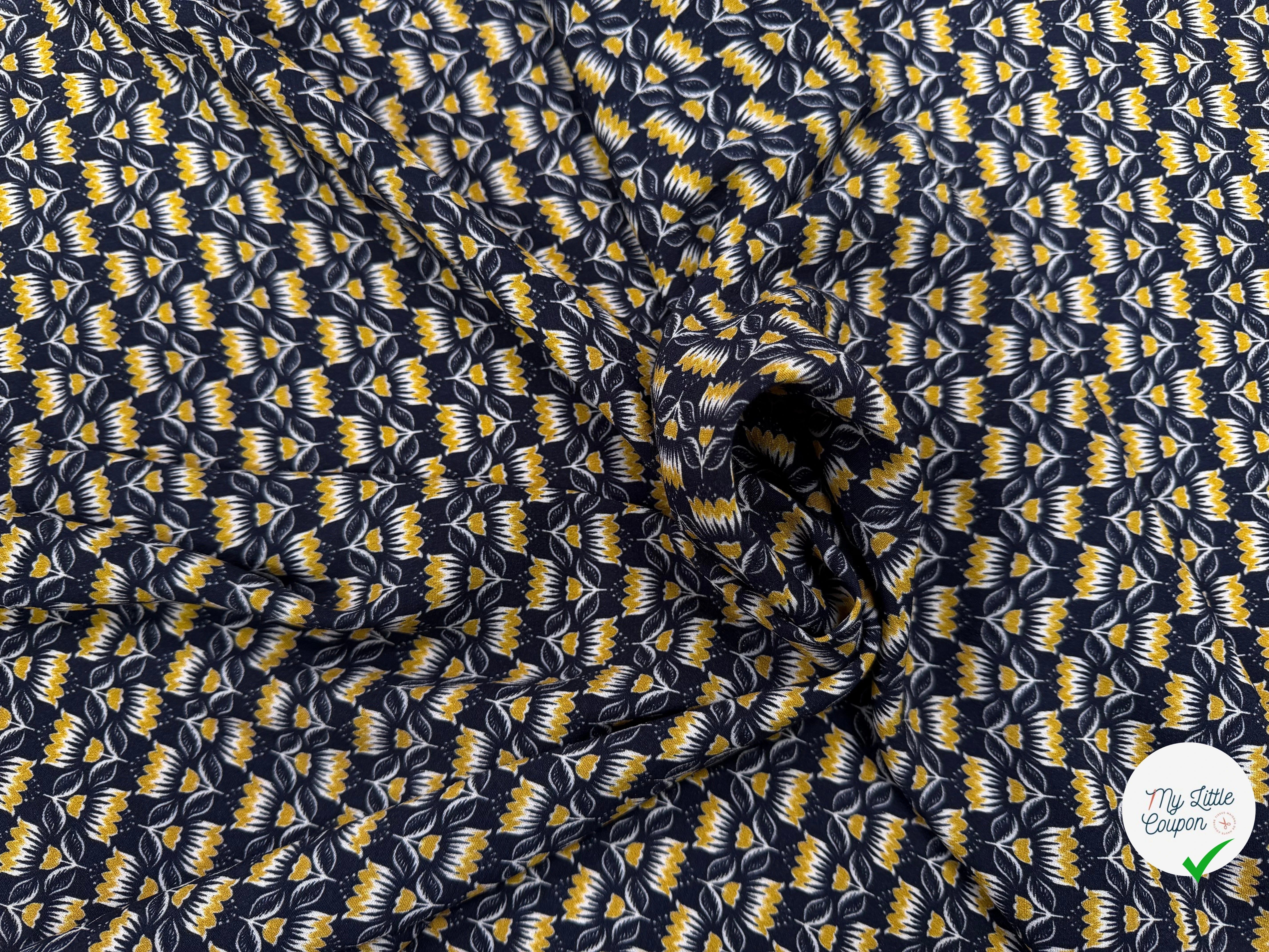 CREPE MAROCAIN VISCOSE QUALITÉ COMO MARINE FLORALIE JAUNE - My Little Coupon