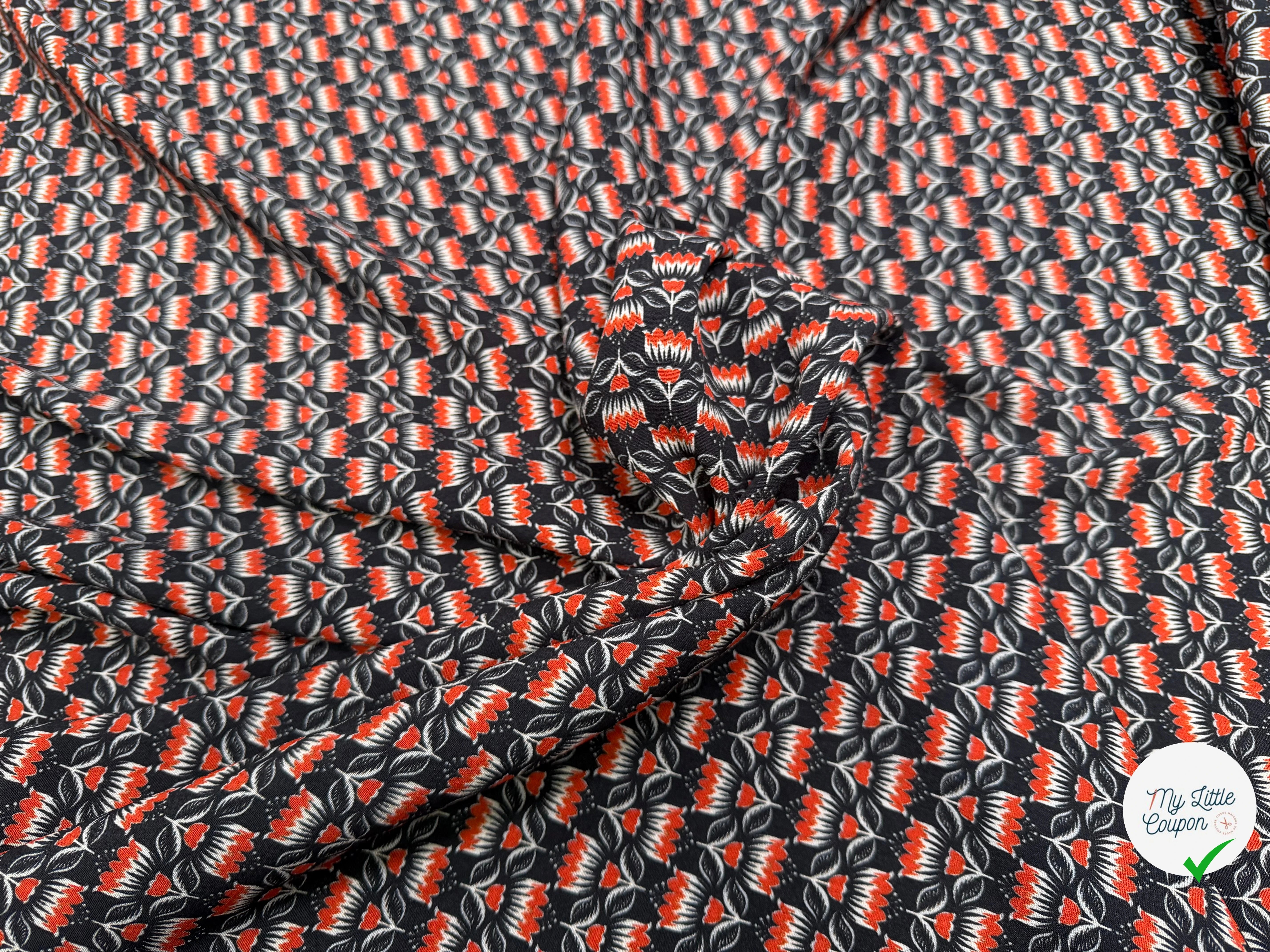 CREPE MAROCAIN VISCOSE QUALITÉ COMO NOIR FLORALIE ORANGE - My Little Coupon