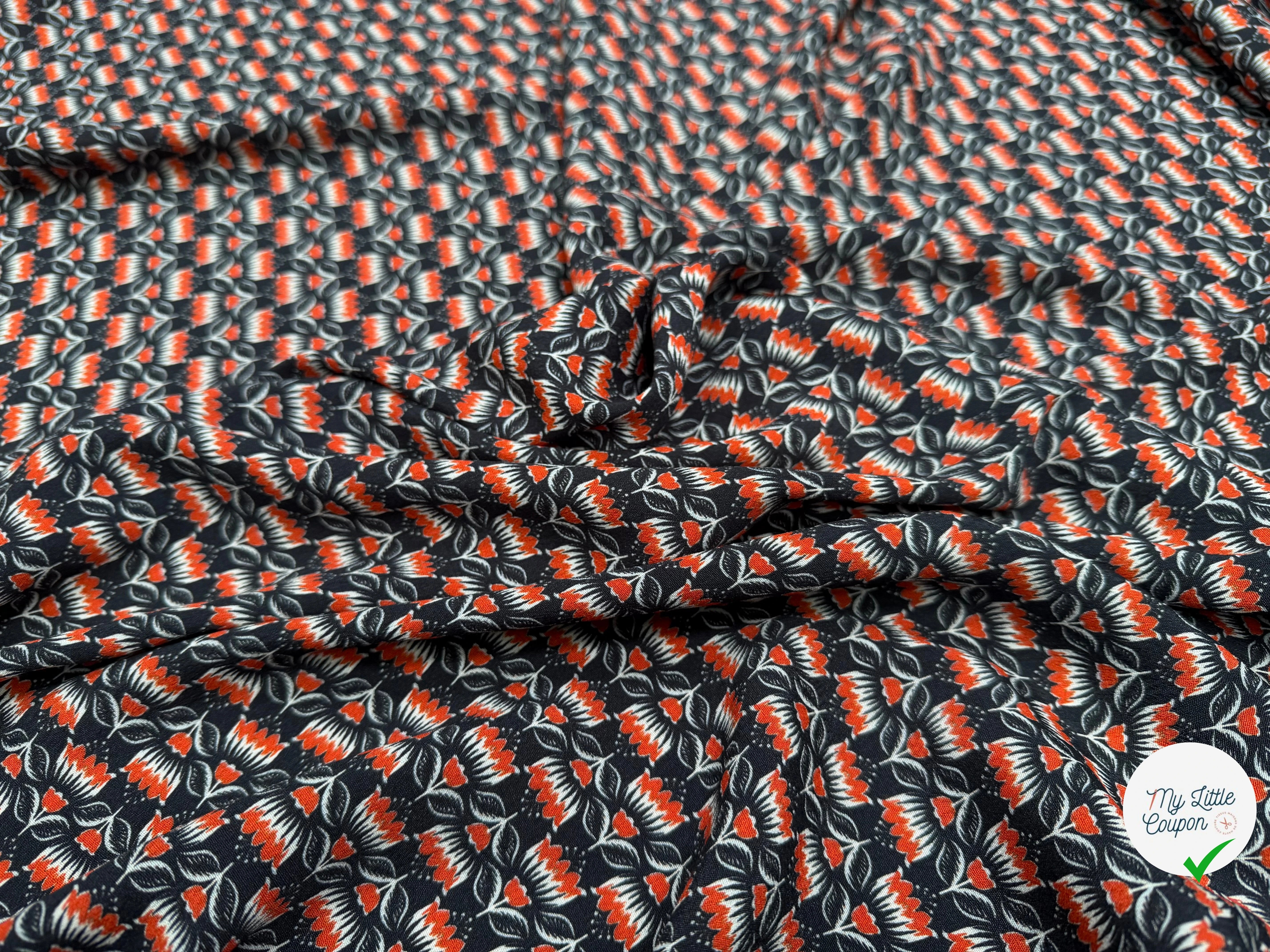 CREPE MAROCAIN VISCOSE QUALITÉ COMO NOIR FLORALIE ORANGE - My Little Coupon