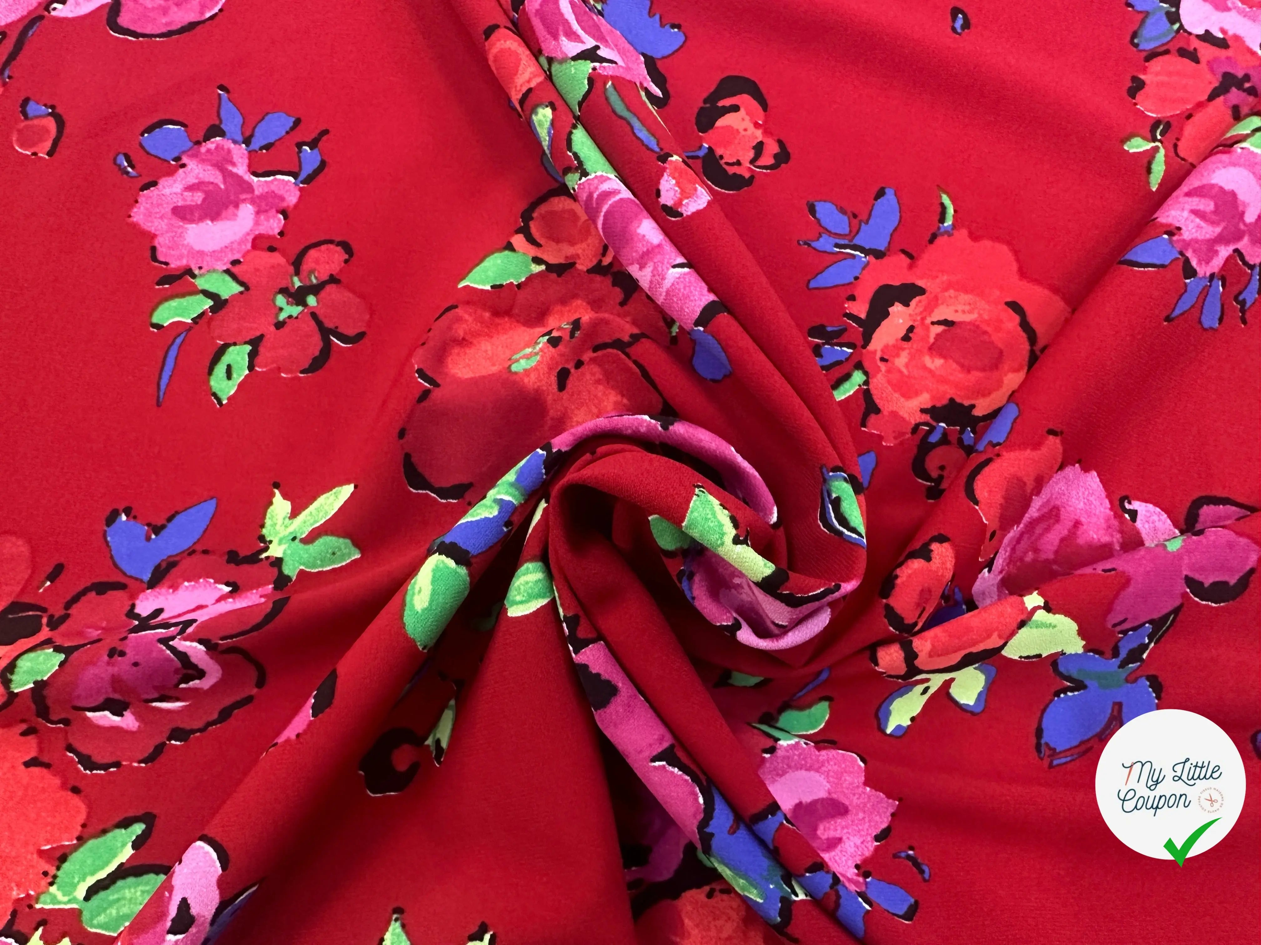 CREPE MAROCAIN VISCOSE ROUGE BOUQUET DE FLEURS MLC INTERN