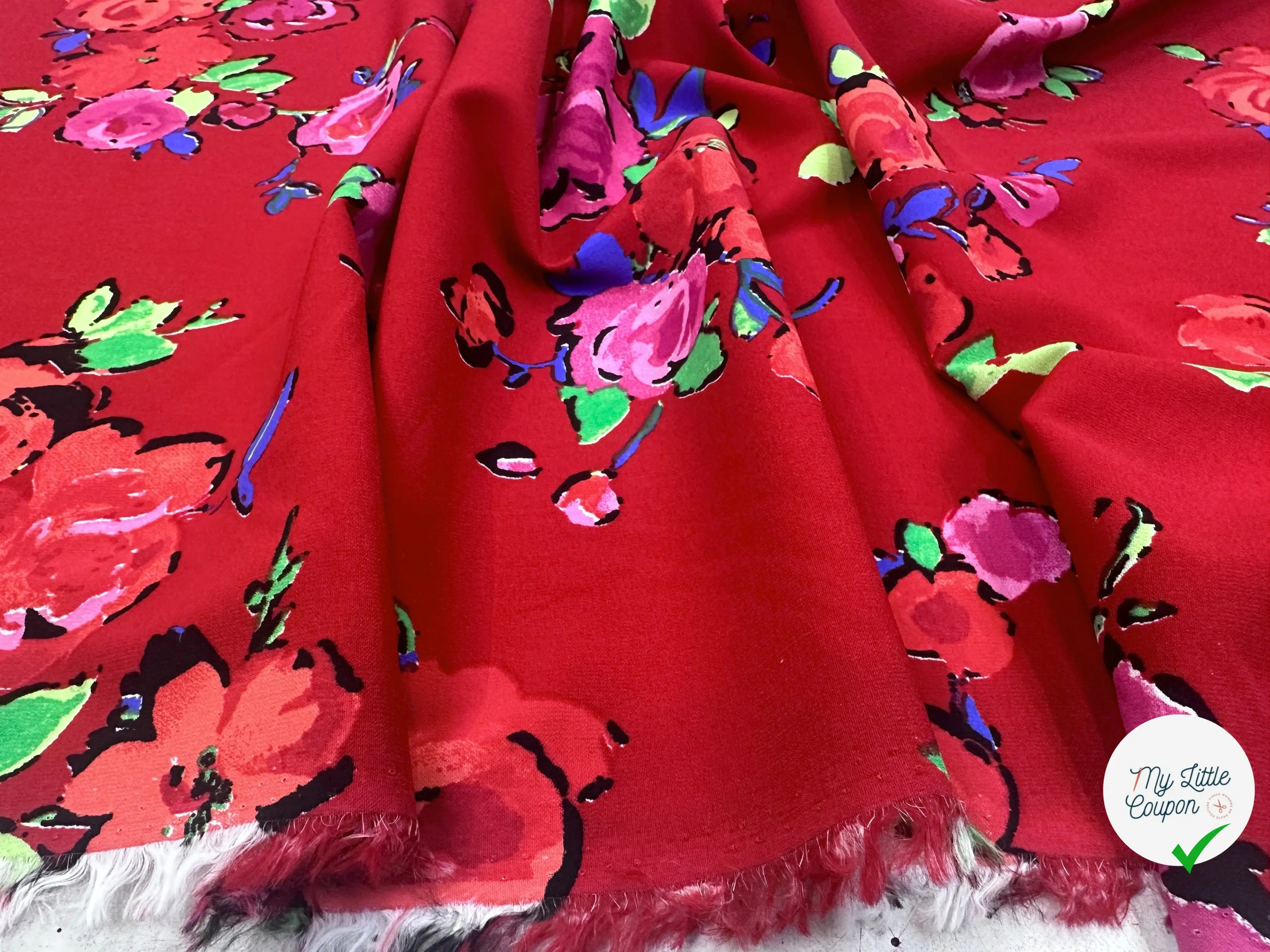 CREPE MAROCAIN VISCOSE ROUGE BOUQUET DE FLEURS MLC INTERN