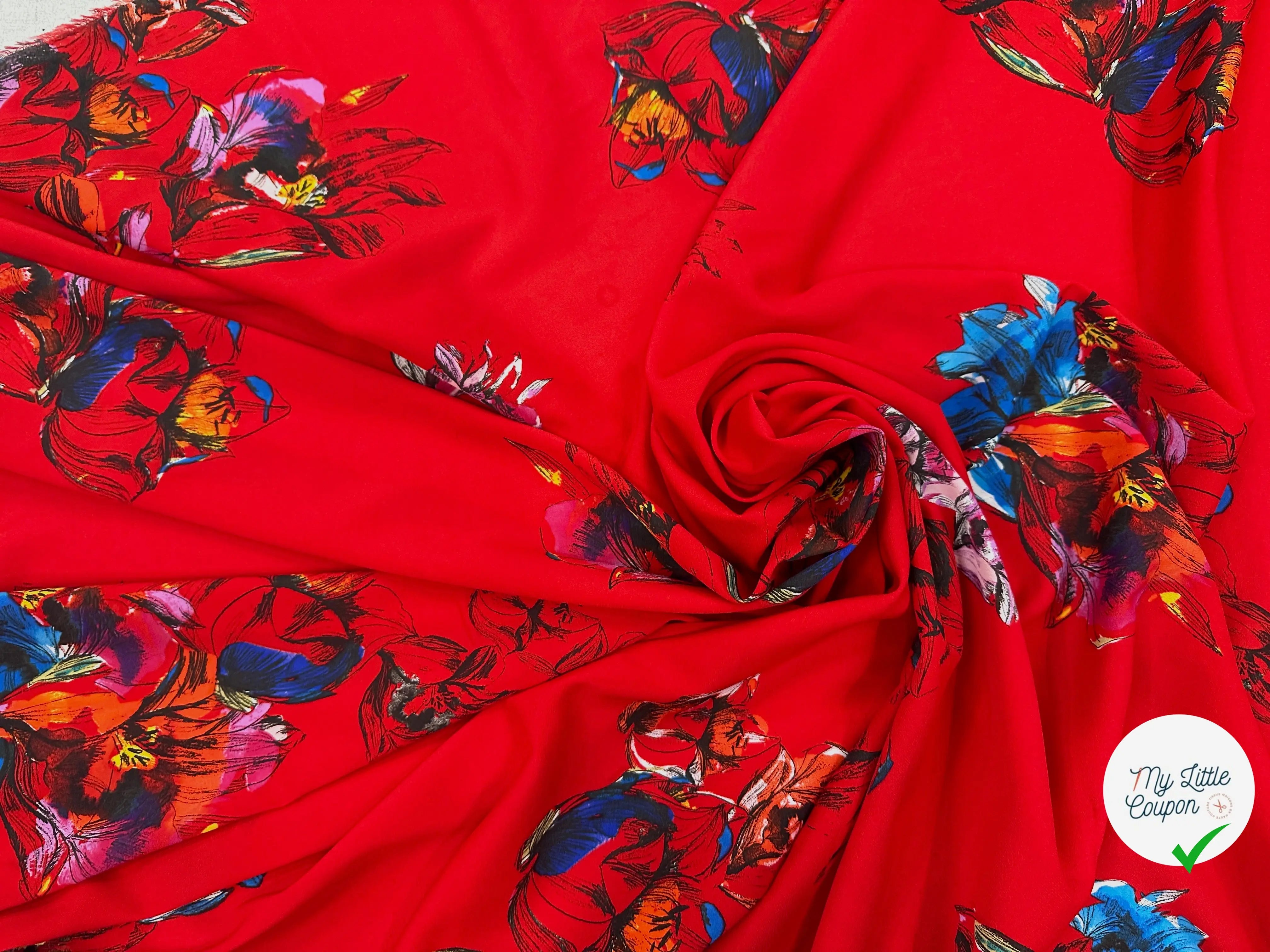 CREPE MAROCAIN VISCOSE ROUGE PAPILLONS & FLEURS MLC INTERN