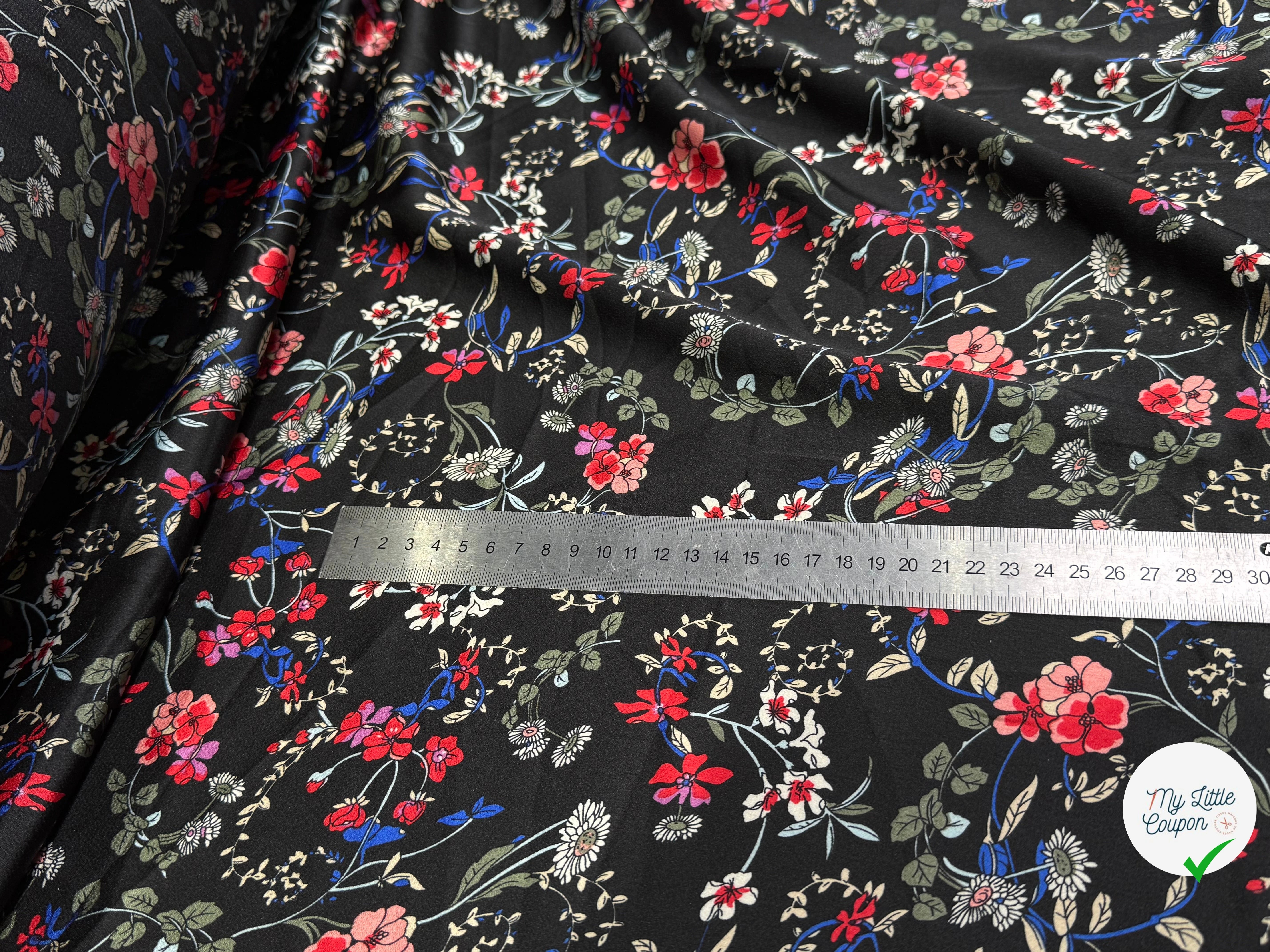 CREPE SATINÉ JOLIES FLEURS MULTICOLORS ROSE KAKI&BLEU - My Little Coupon