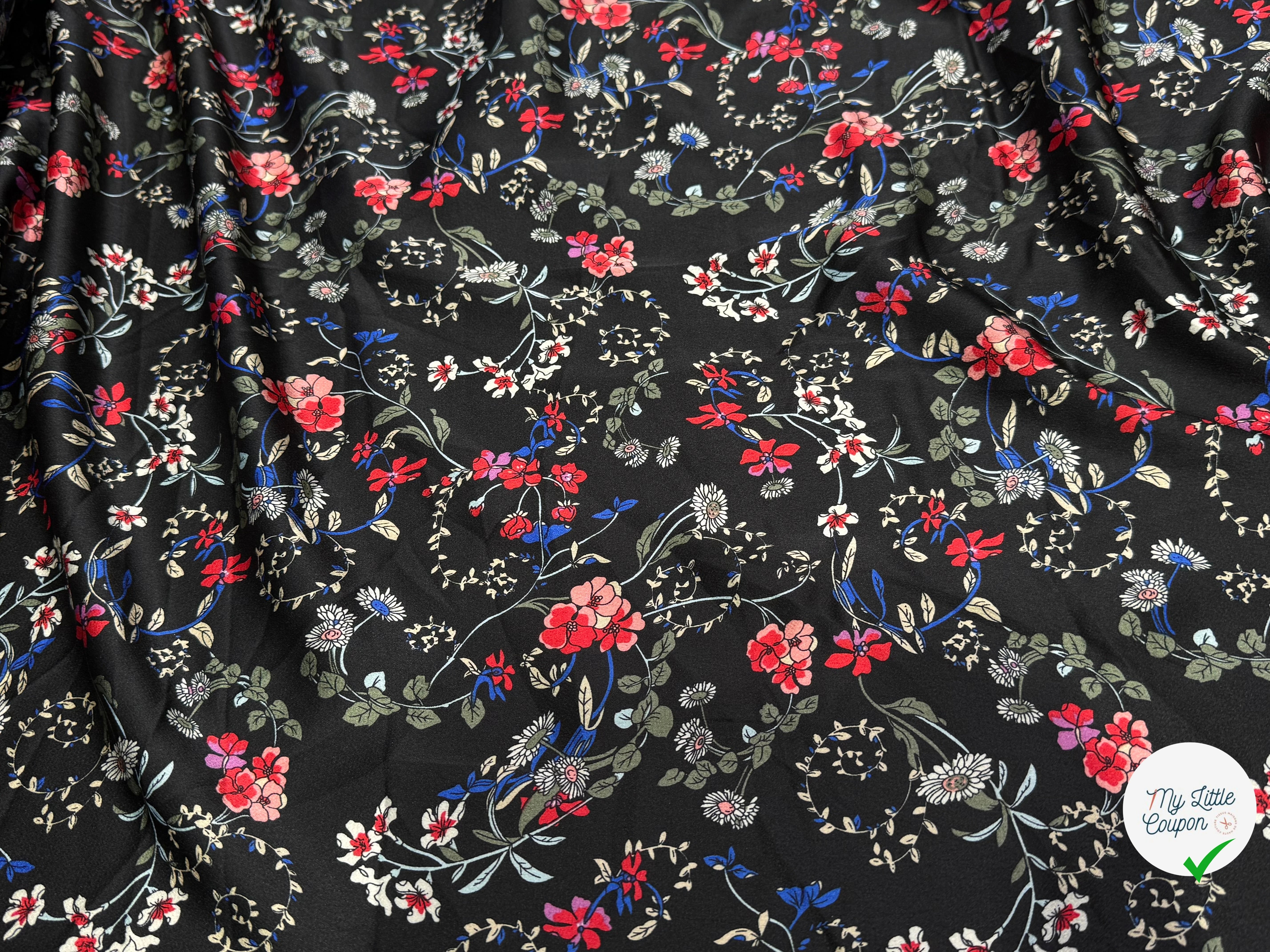 CREPE SATINÉ JOLIES FLEURS MULTICOLORS ROSE KAKI&BLEU - My Little Coupon