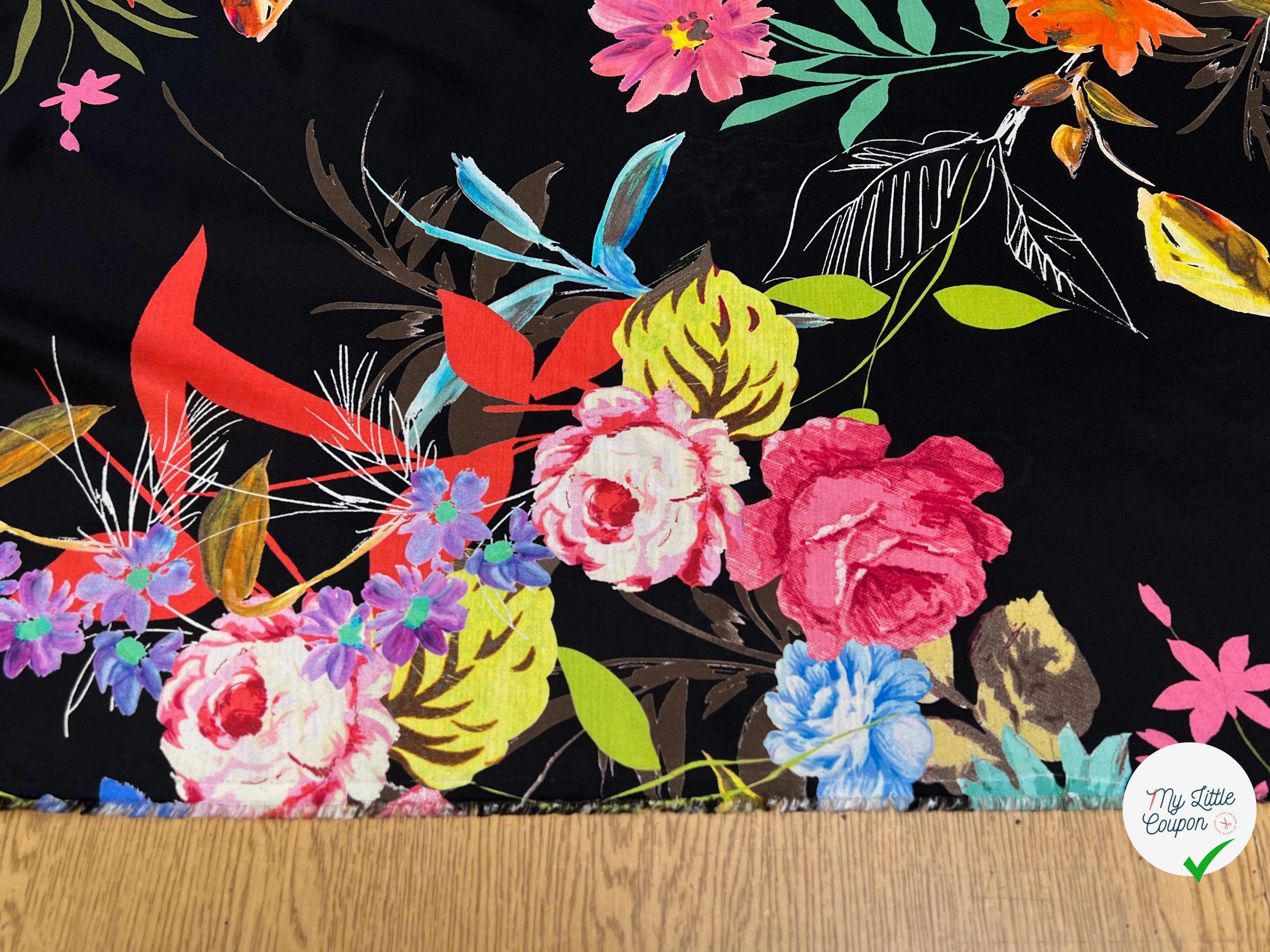 CREPE SOIE IMPRIMÉ GROSSES FLEURS MULTICOLORES - My Little Coupon