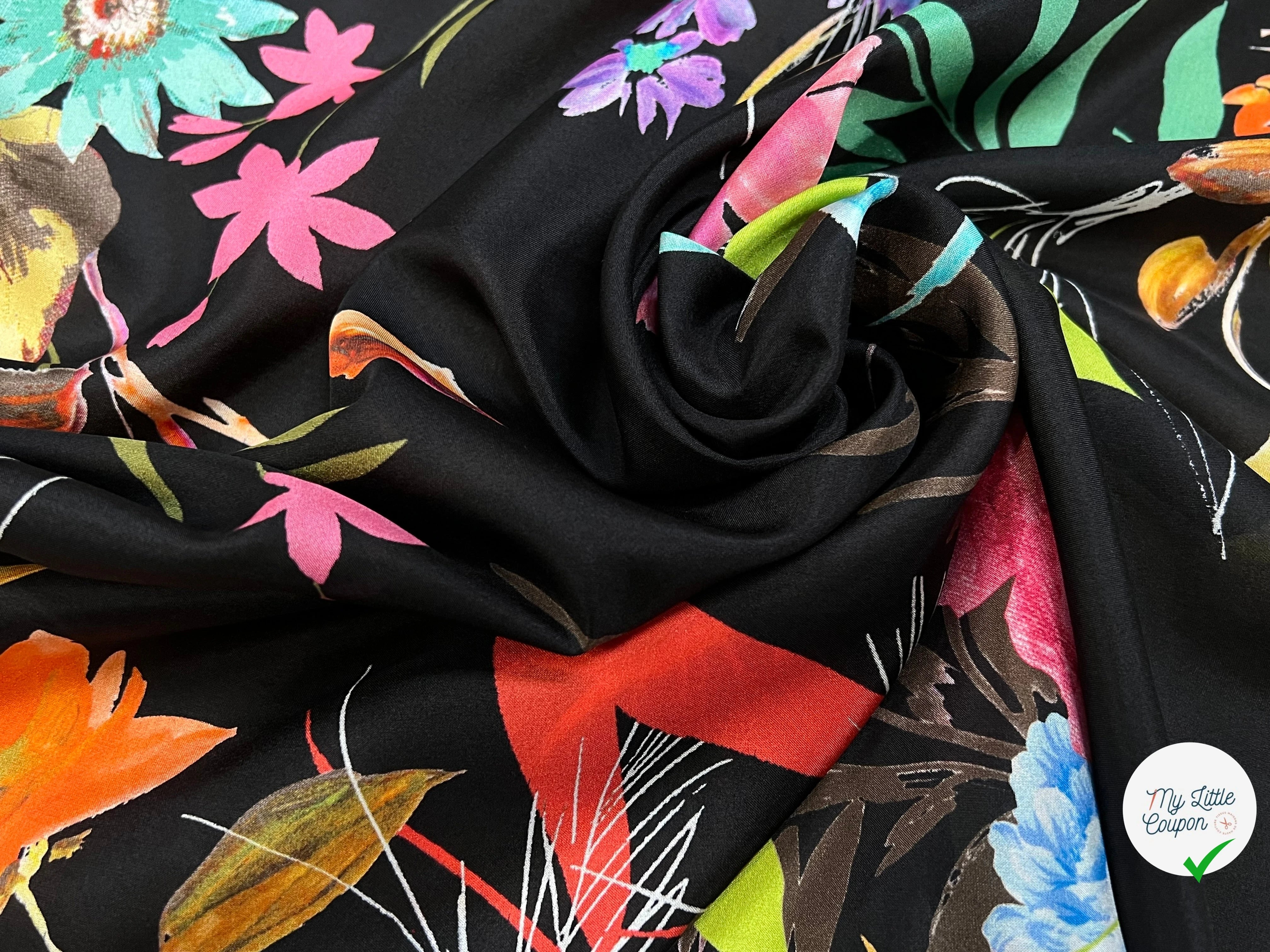 CREPE SOIE IMPRIMÉ GROSSES FLEURS MULTICOLORES - My Little Coupon