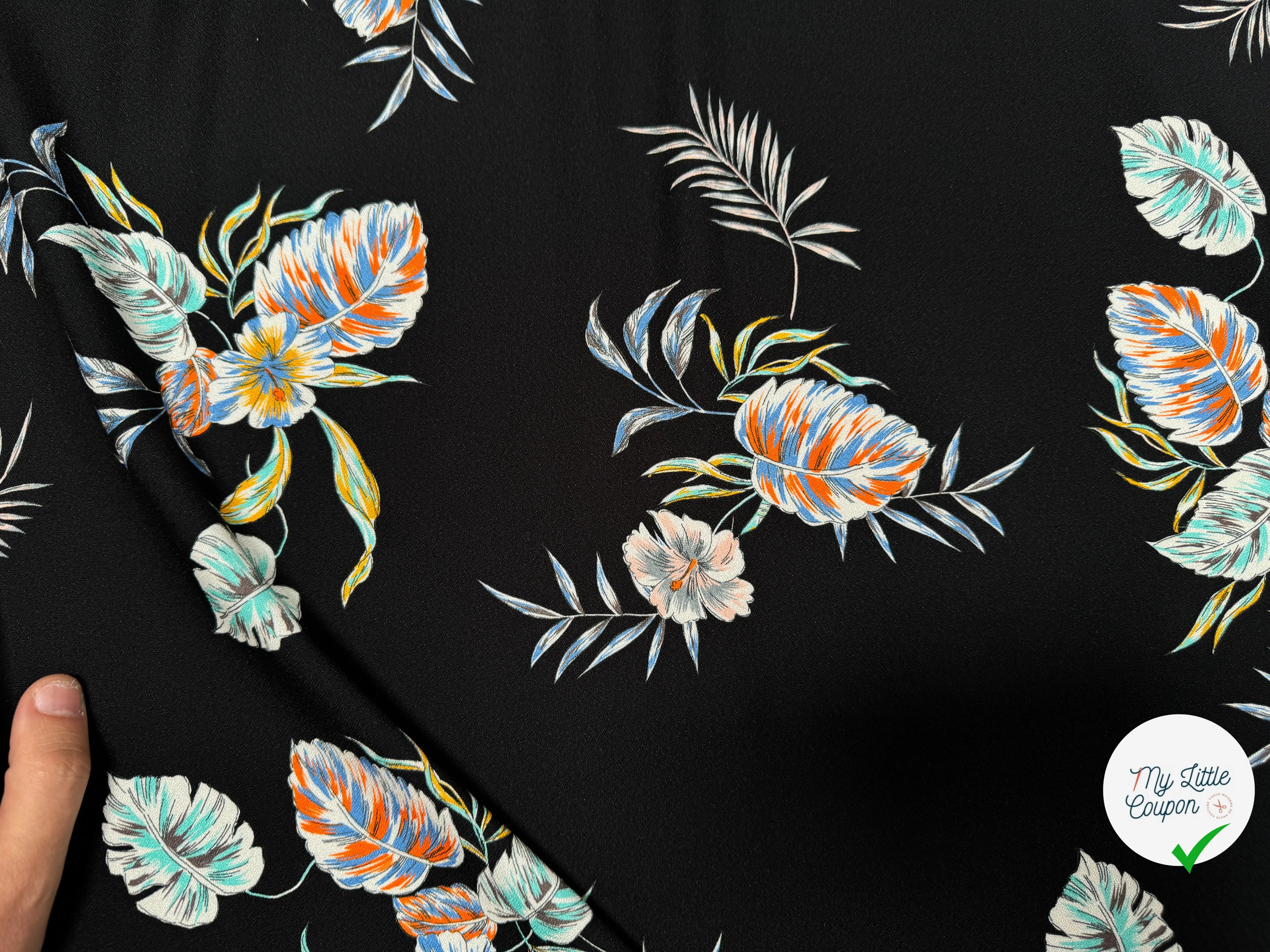 CREPE TESSUTO 100%VISCOSE FOND NOIR AVEC FEUILLES - My Little Coupon