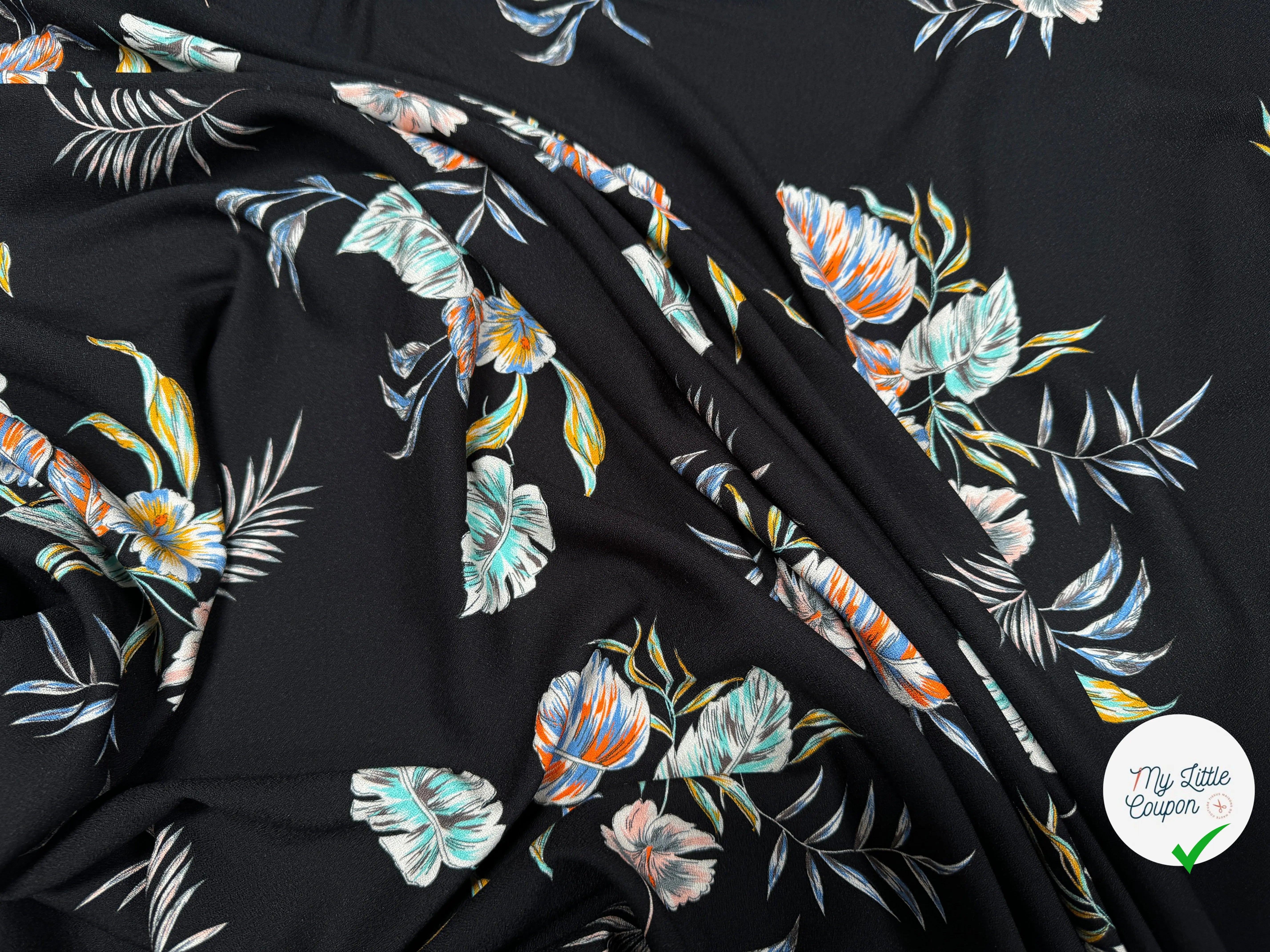 CREPE TESSUTO 100%VISCOSE FOND NOIR AVEC FEUILLES - My Little Coupon