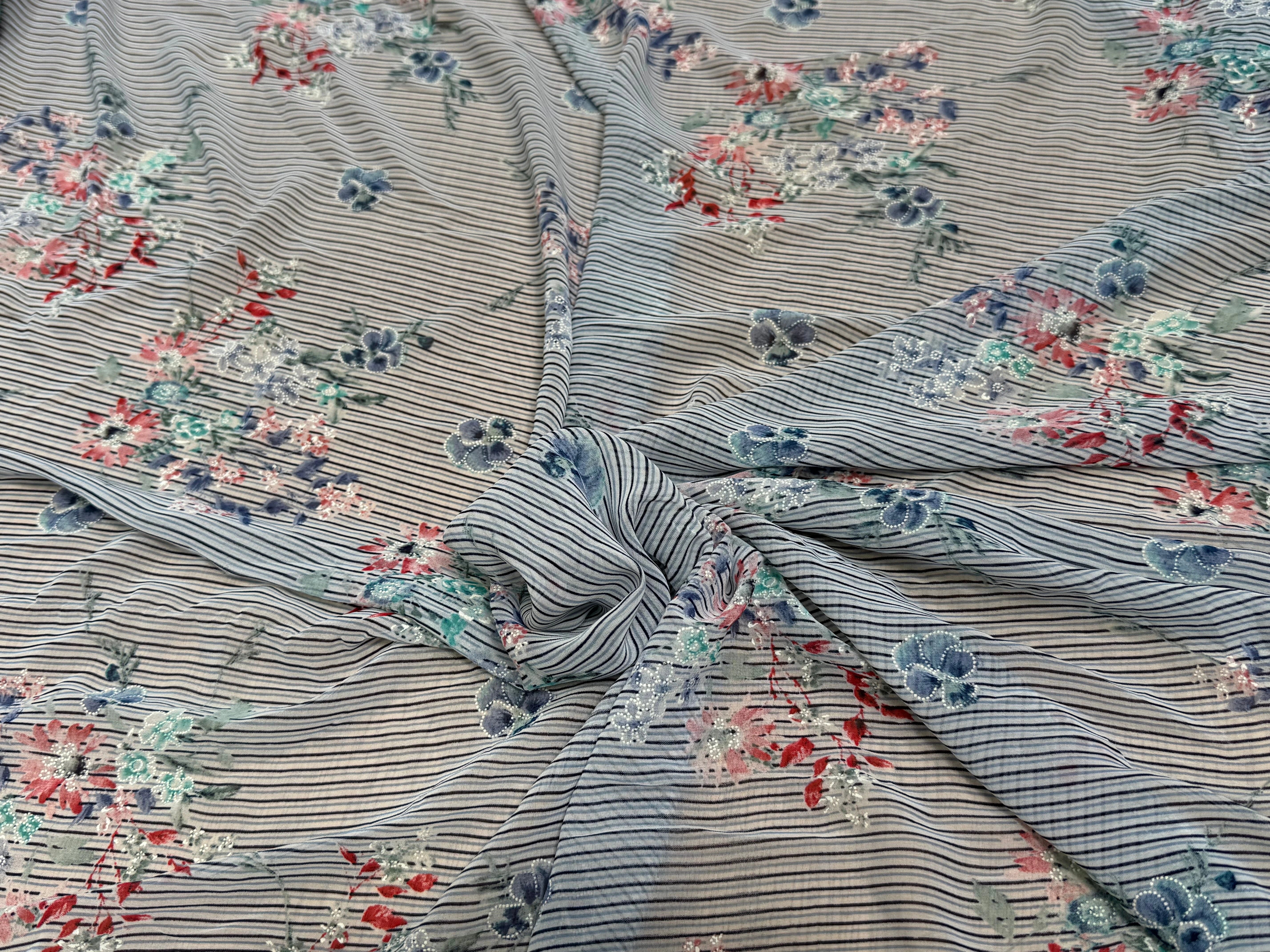 CREPE ULTRA FIN FOND BLANC À RAYURES MOTIFS FLORAUX BLEUS - My Little Coupon