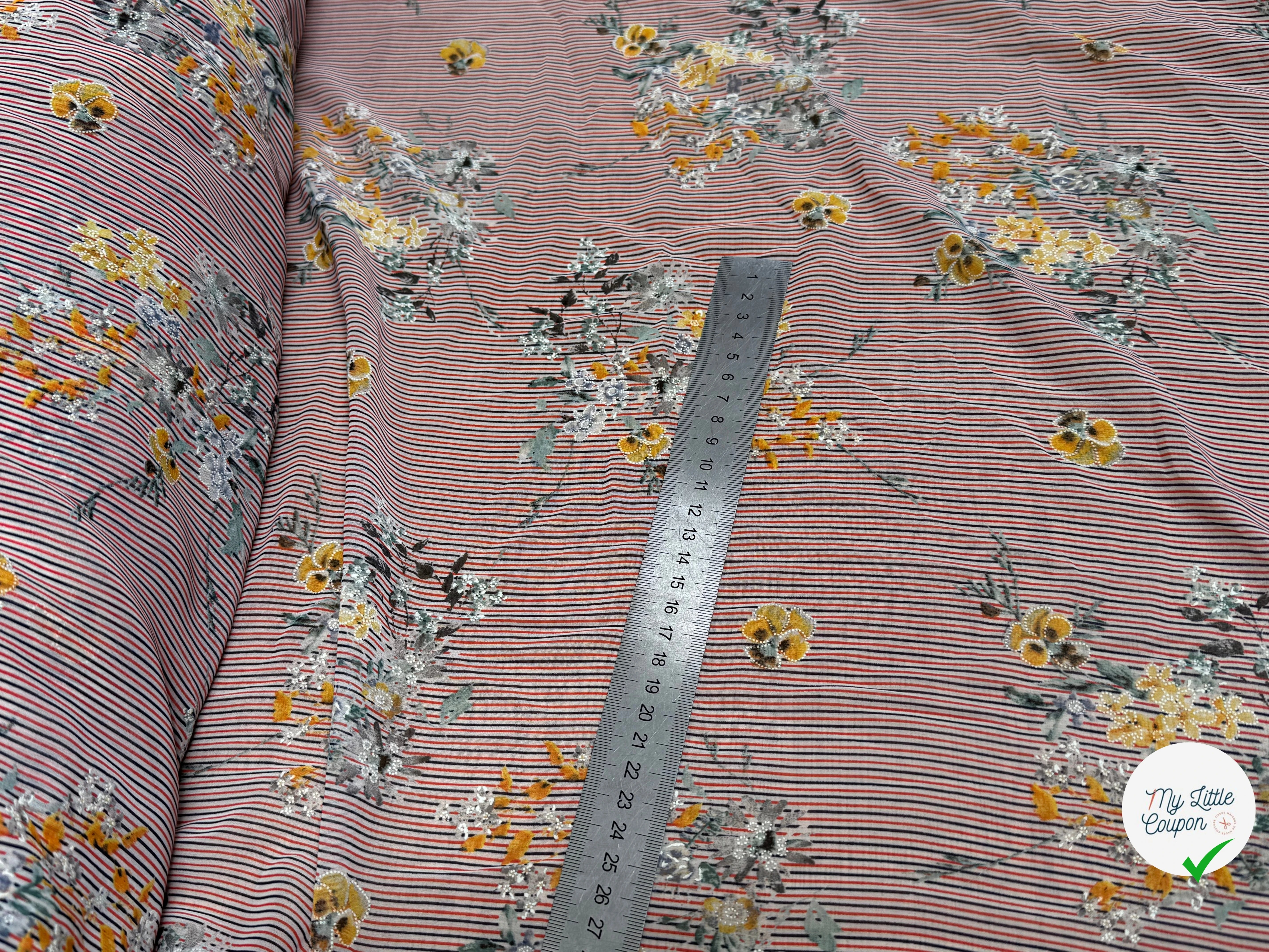 CREPE ULTRA FIN FOND BLANC À RAYURES MOTIFS FLORAUX JAUNE - My Little Coupon