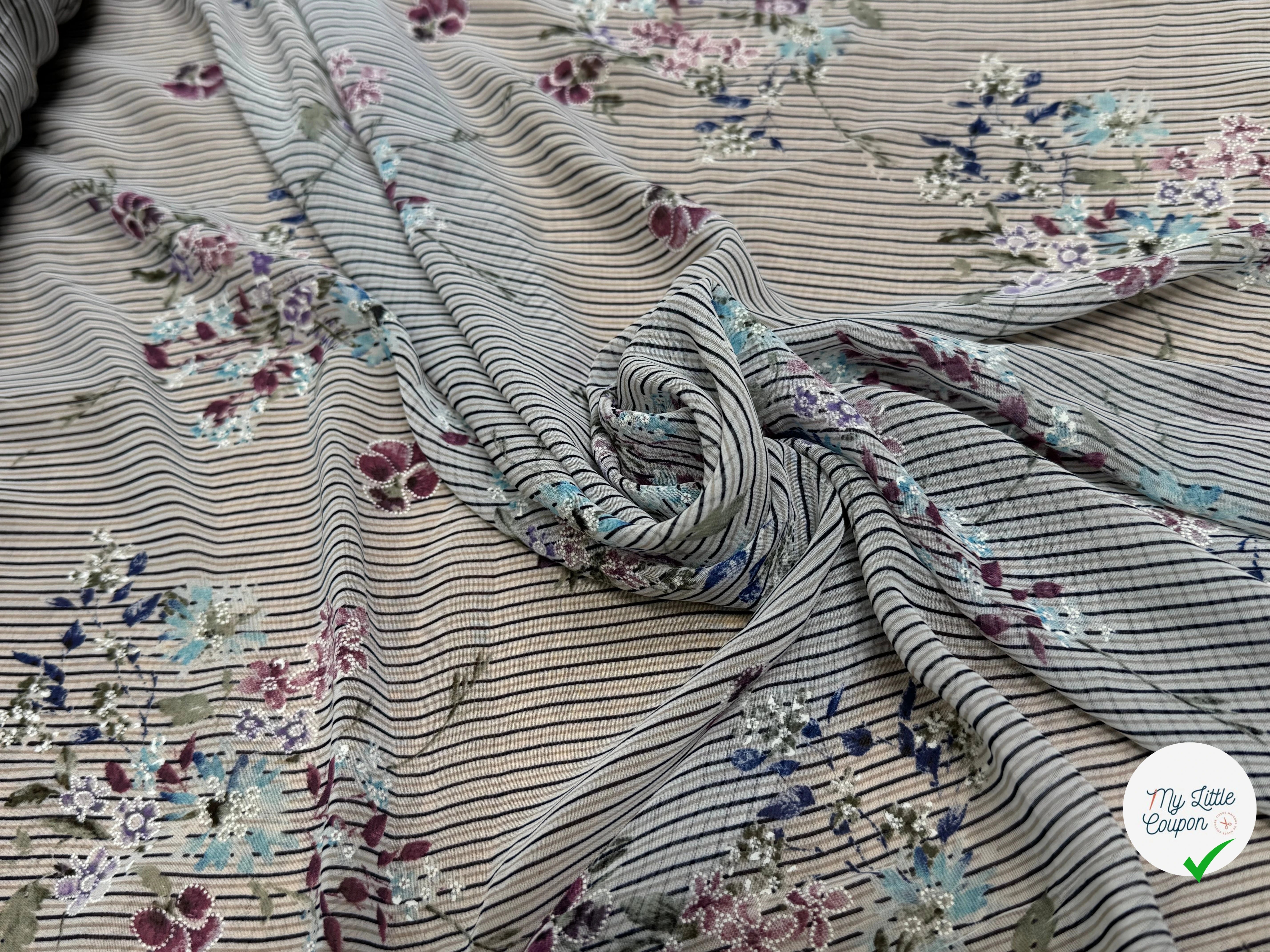 CREPE ULTRA FIN FOND BLANC À RAYURES MOTIFS FLORAUX VIOLET - My Little Coupon
