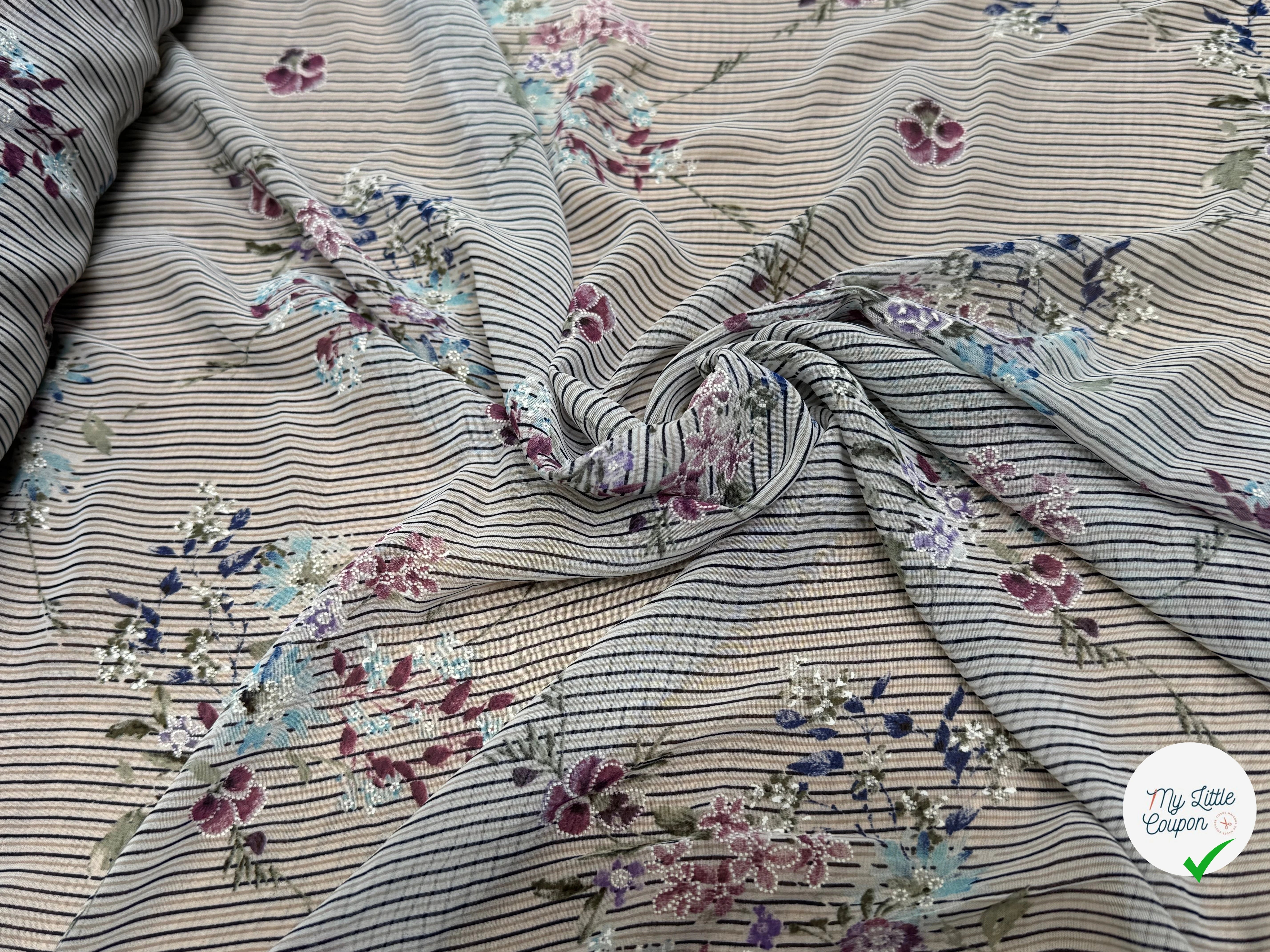CREPE ULTRA FIN FOND BLANC À RAYURES MOTIFS FLORAUX VIOLET - My Little Coupon