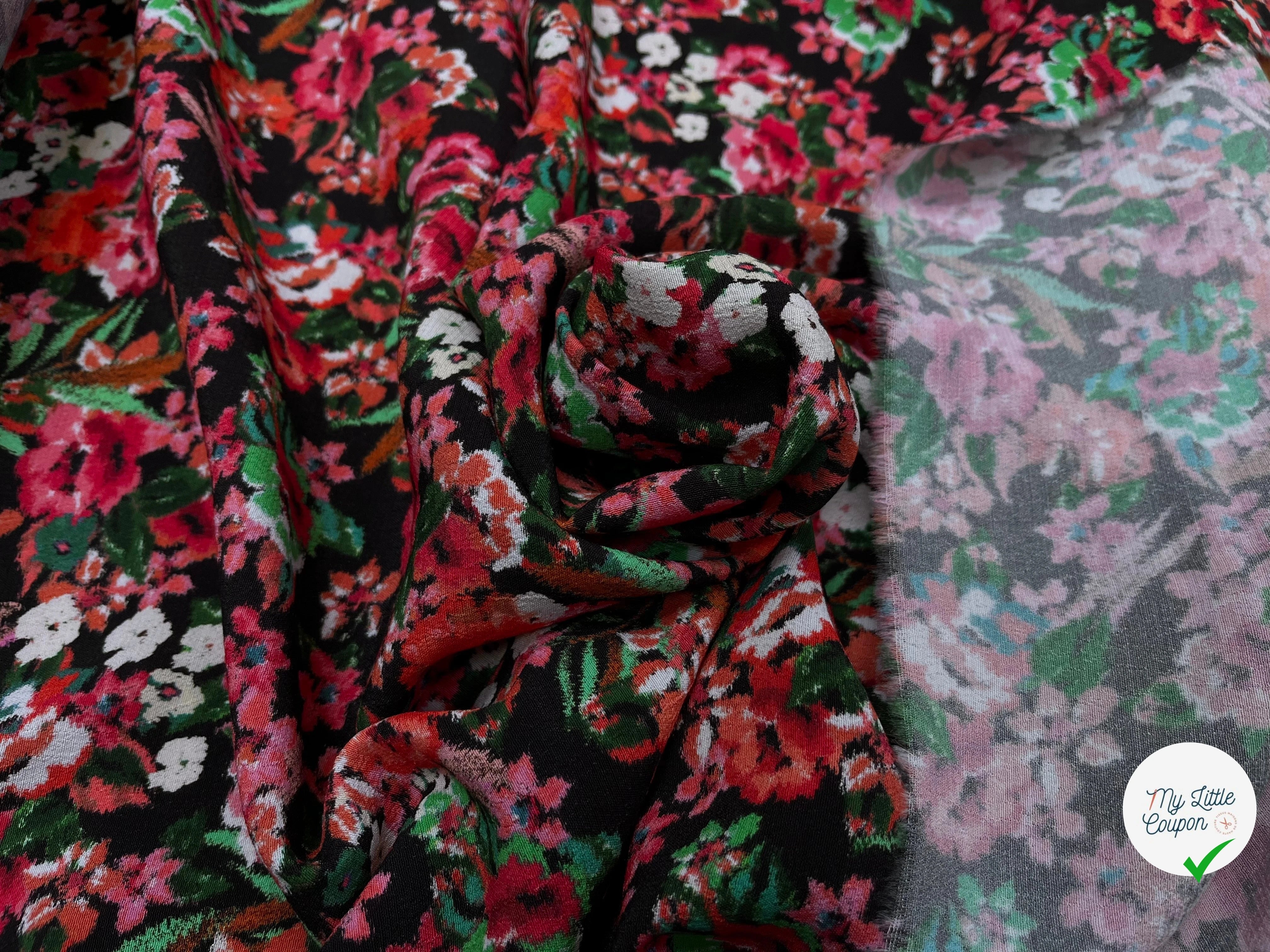 CREPE VISCOSE BOUQUET FLEURS FOND NOIR 140 LAIZE - My Little Coupon