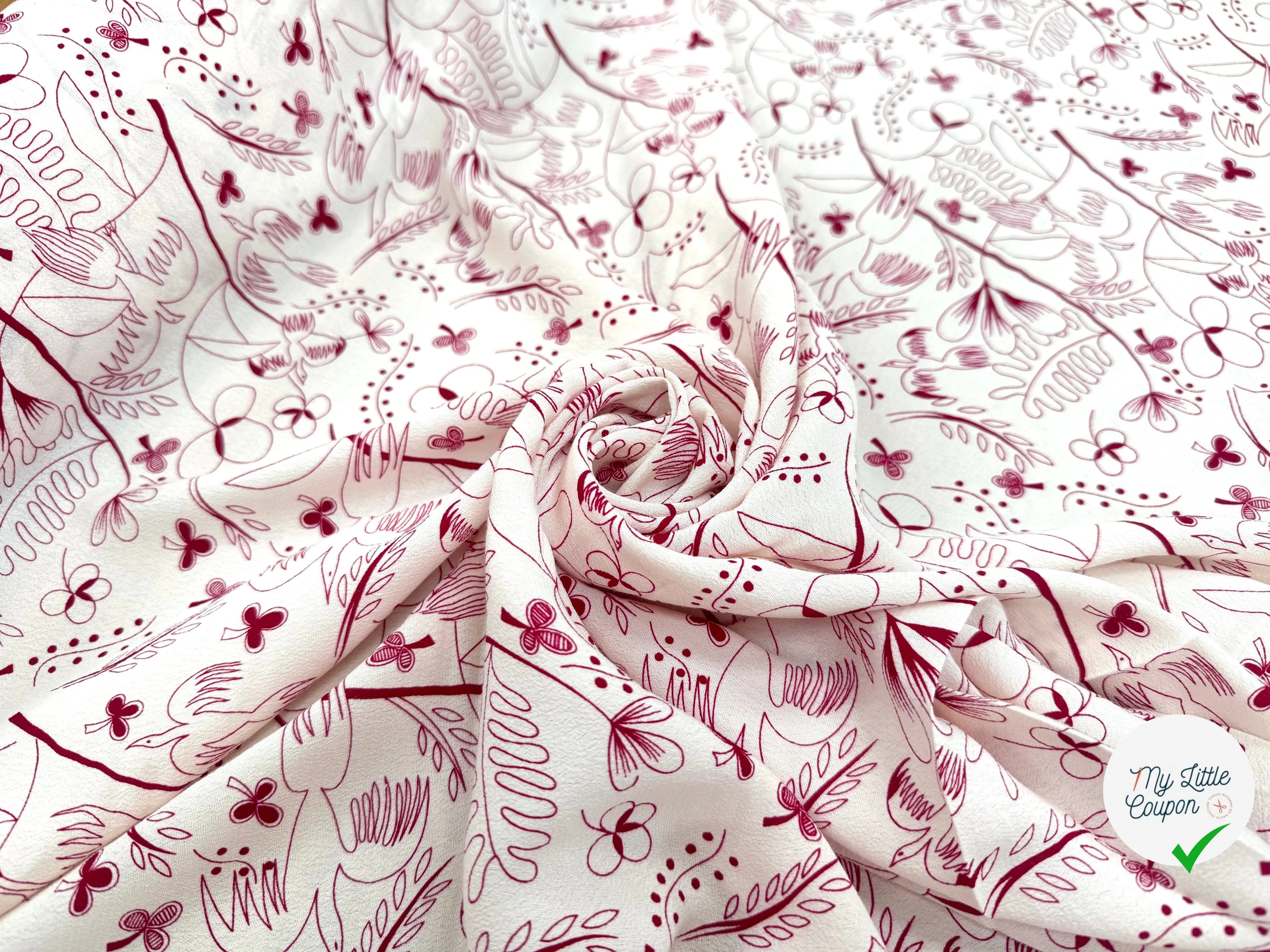 CRÊPE VISCOSE FOND BLANC MOTIFS COLOMBES ET TREFFLES ROSE - My Little Coupon