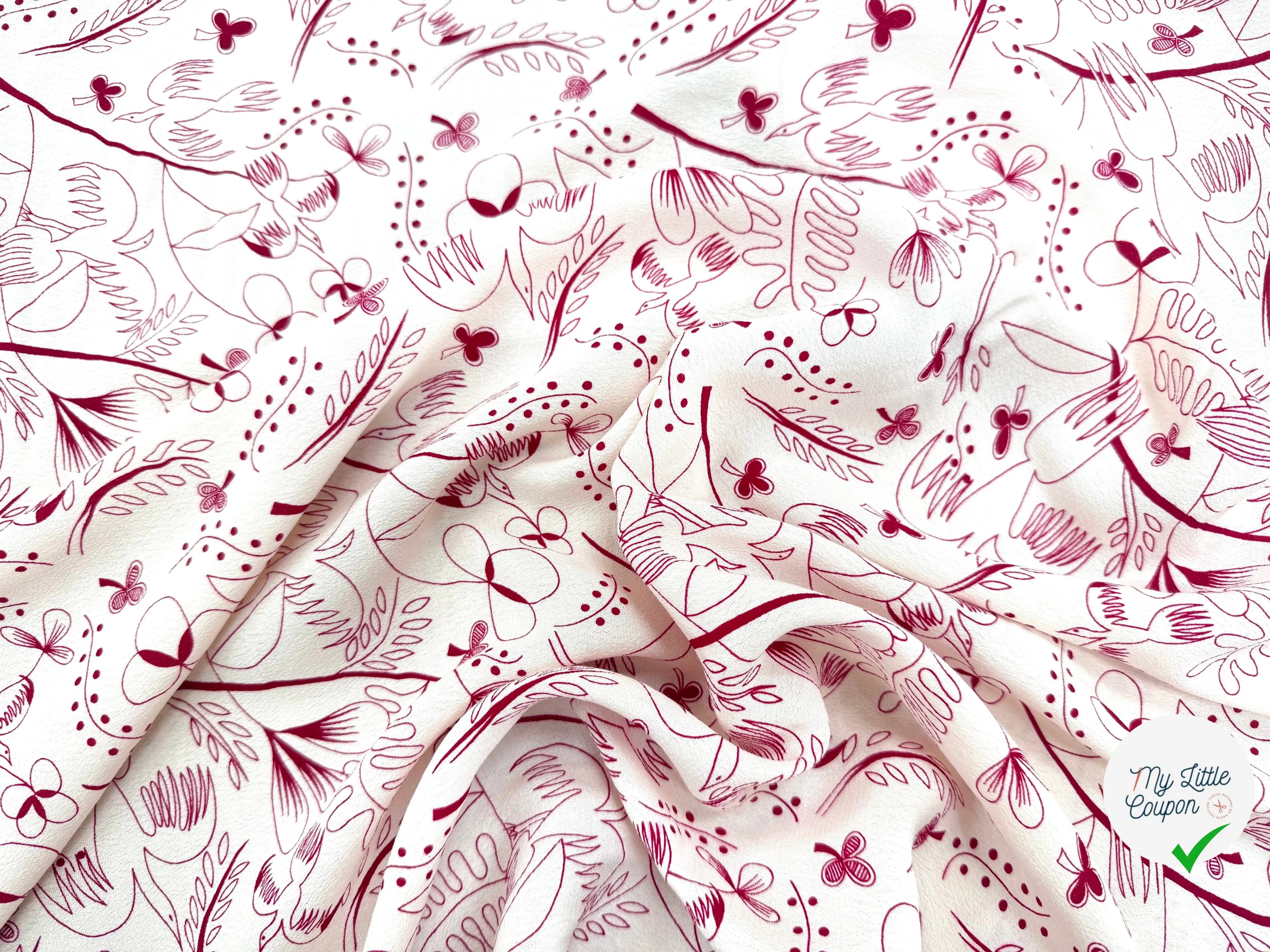 CRÊPE VISCOSE FOND BLANC MOTIFS COLOMBES ET TREFFLES ROSE - My Little Coupon