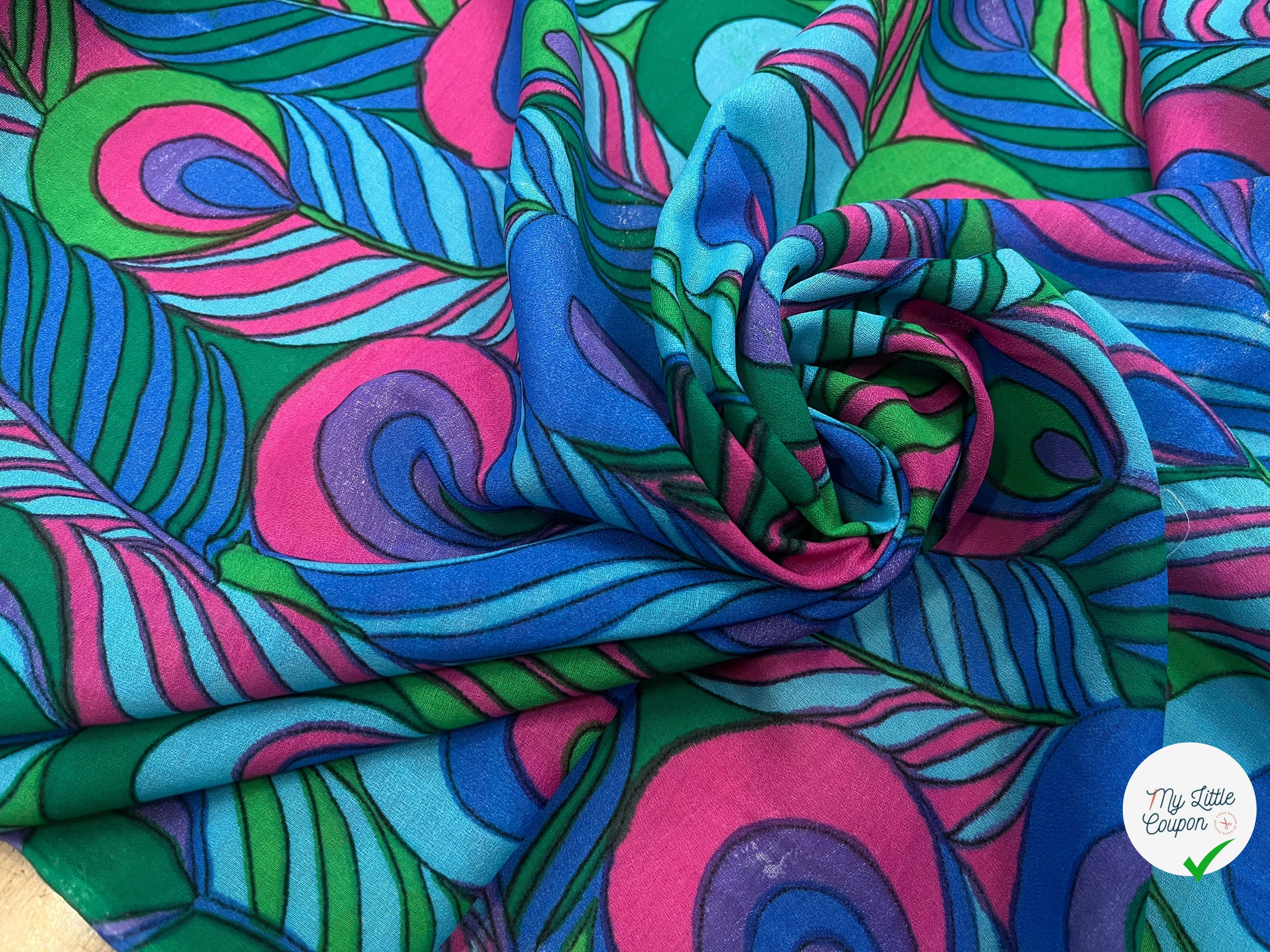 CRÈPE VISCOSE IMPRIMÉ FEUILLAGE VERT BLEU ROSE VIOLET 90CM - My Little Coupon