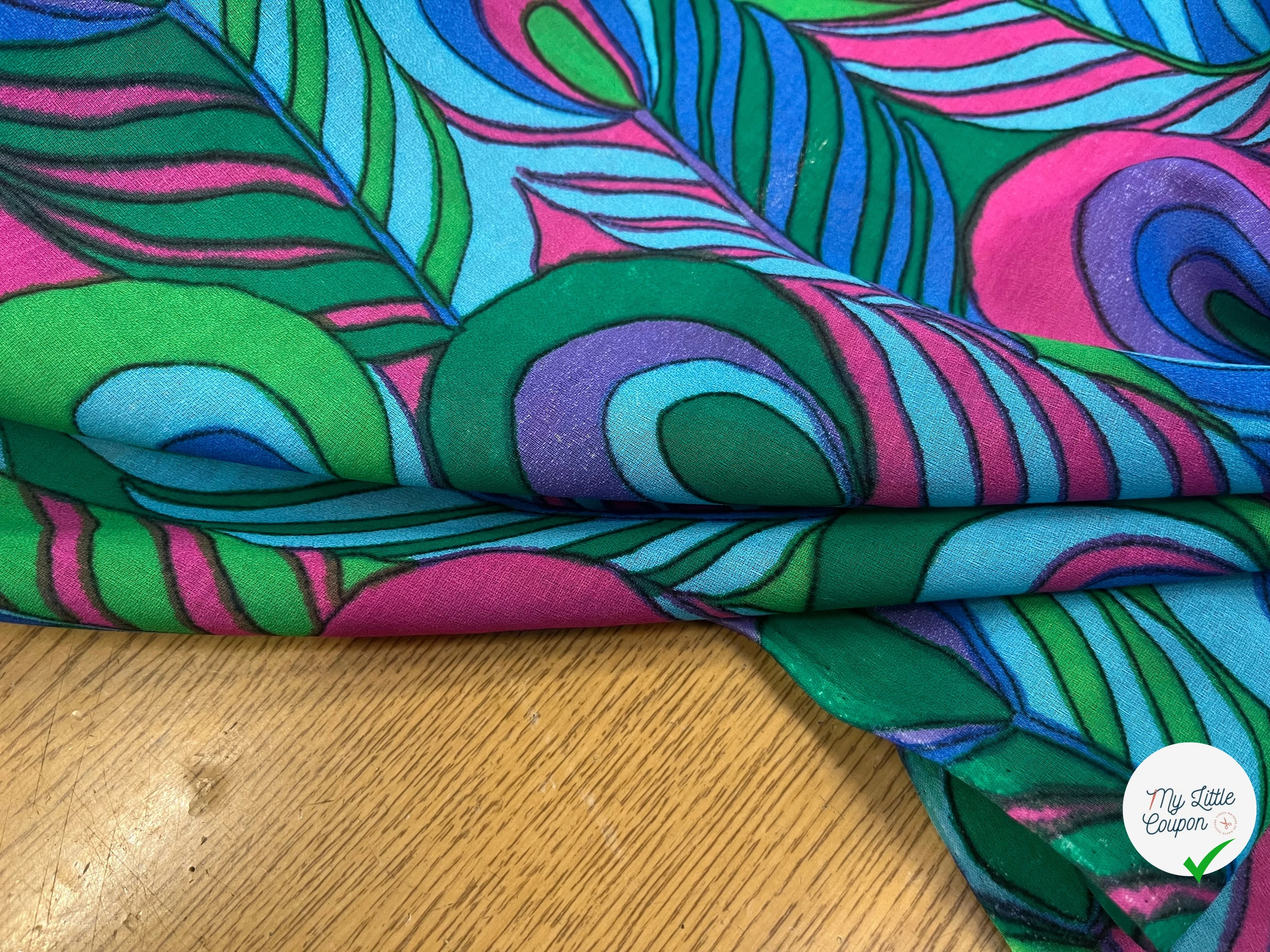 CRÈPE VISCOSE IMPRIMÉ FEUILLAGE VERT BLEU ROSE VIOLET 90CM - My Little Coupon