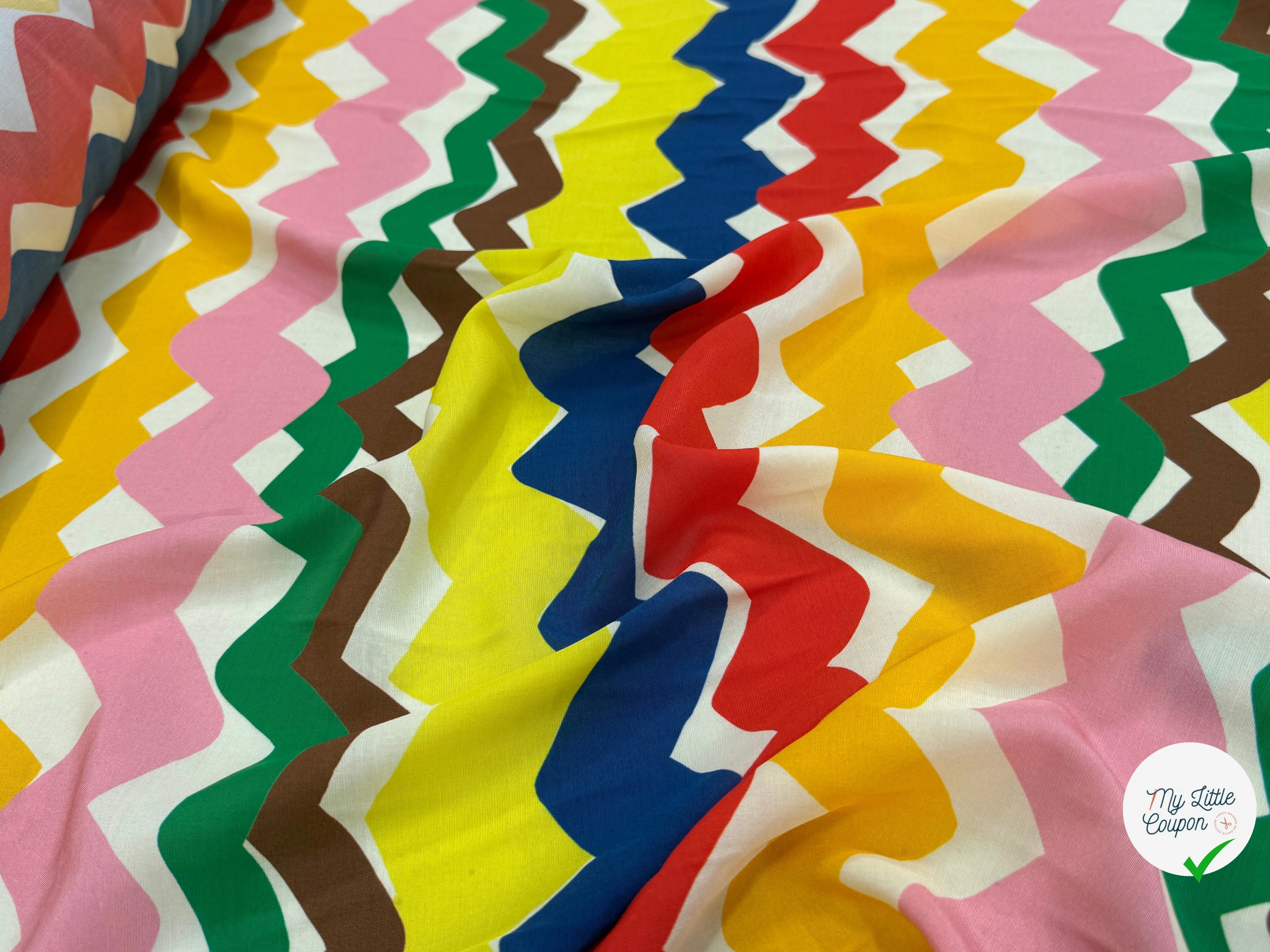 CREPE VISCOSE IMPRIMÉ RAYURES DESTRUCTURÉES TANGO ZIG-ZAG MULTICOLORES - My Little Coupon