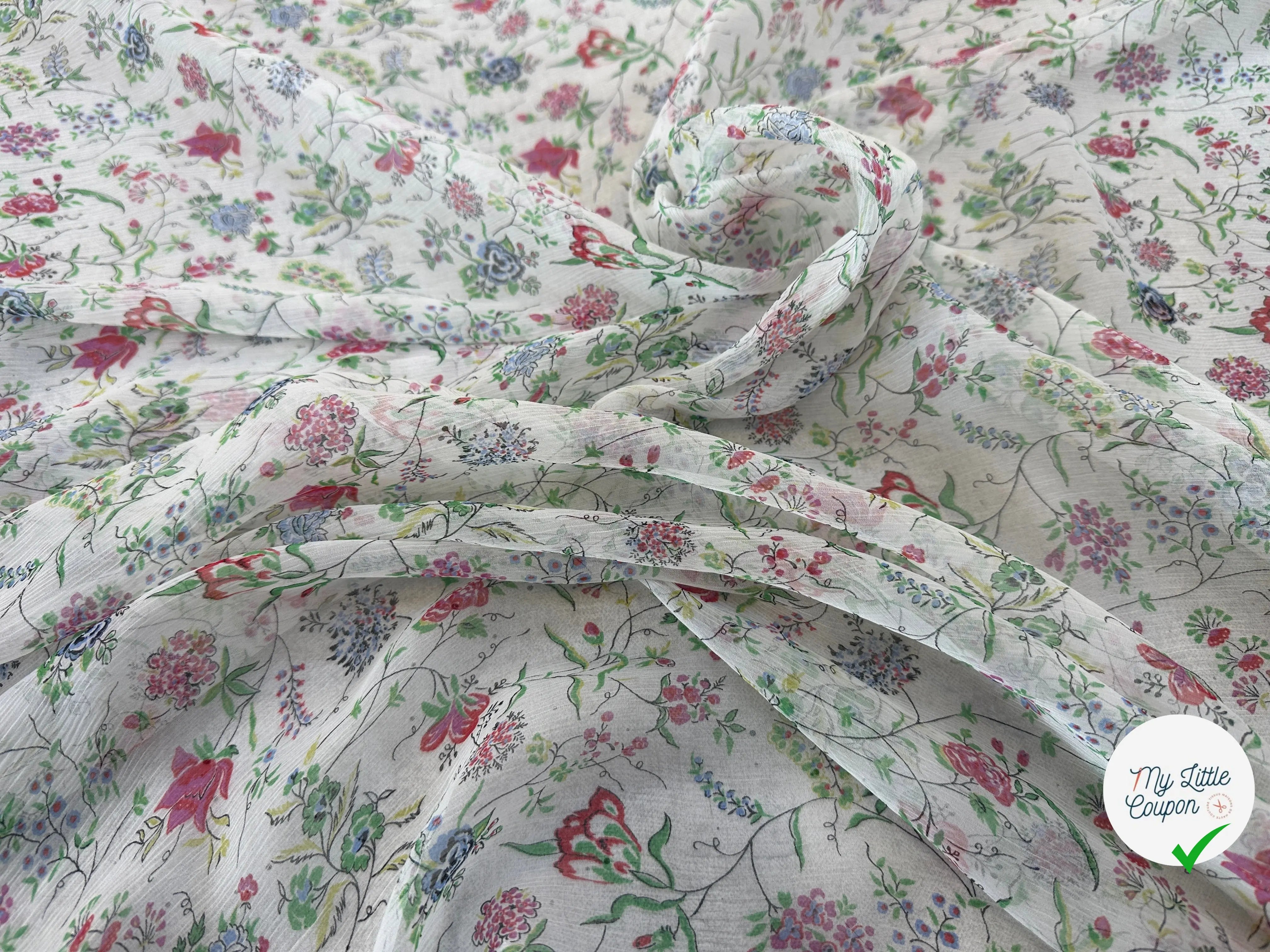 CRÉPON DE SOIE FLEURS COLORÉES SUR FOND BLANC MLC INTERN