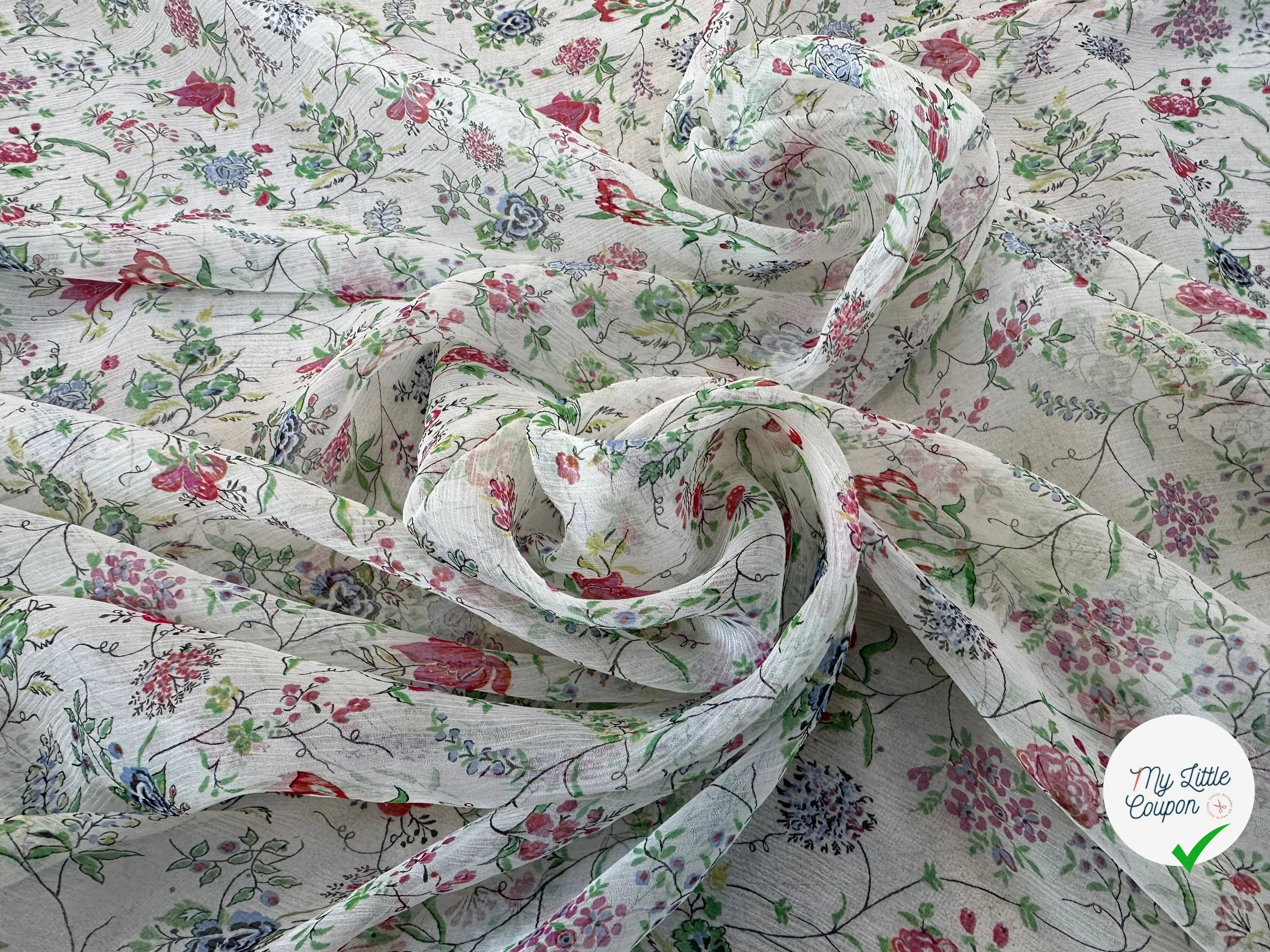 CRÉPON DE SOIE FLEURS COLORÉES SUR FOND BLANC MLC INTERN