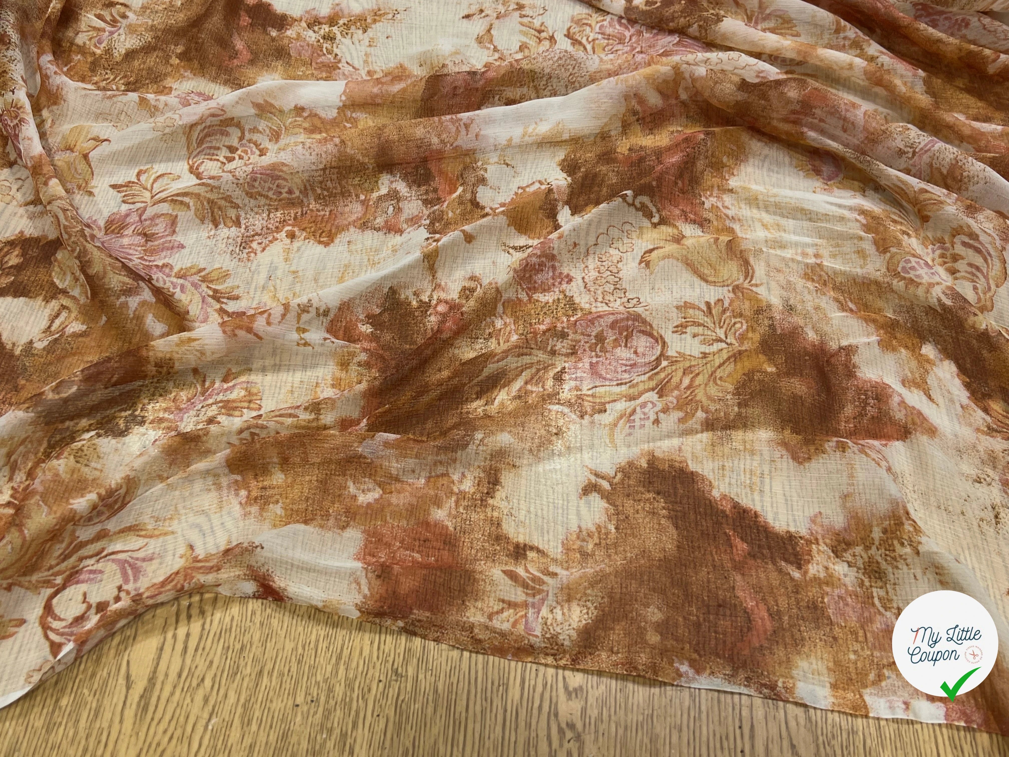 CRÈPON DE SOIE PLISSÉ MOTIF FLORAL BEIGE MARRON - My Little Coupon