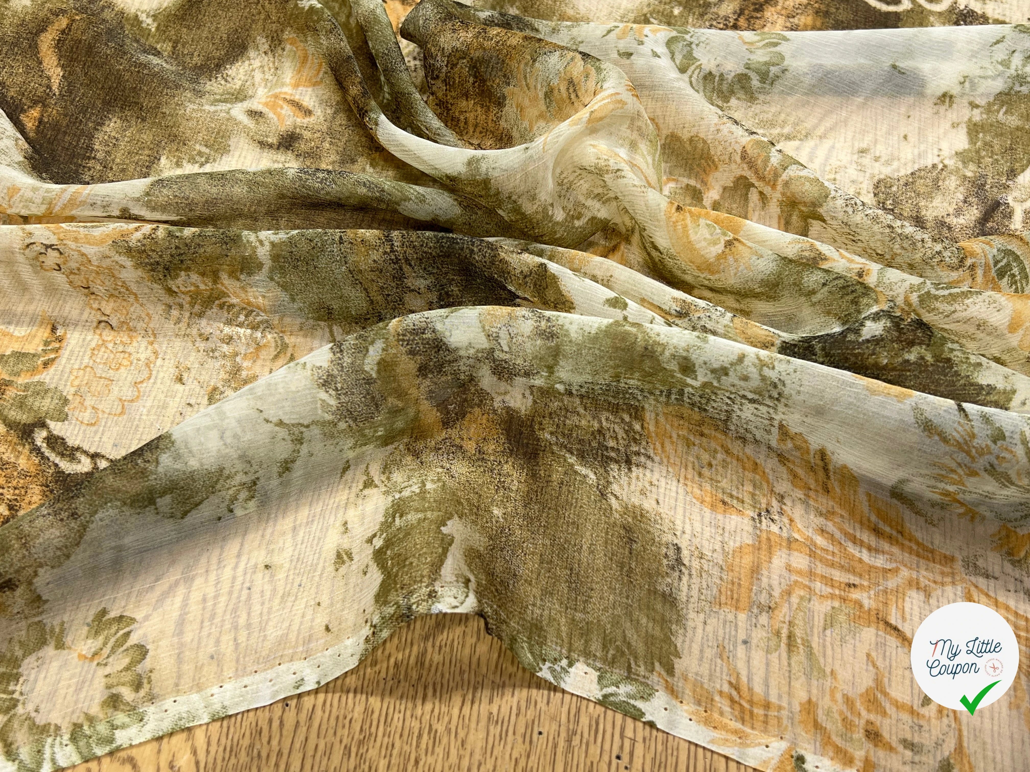 CRÈPON DE SOIE PLISSÉ MOTIF FLORAL ÉCRU KAKI - My Little Coupon