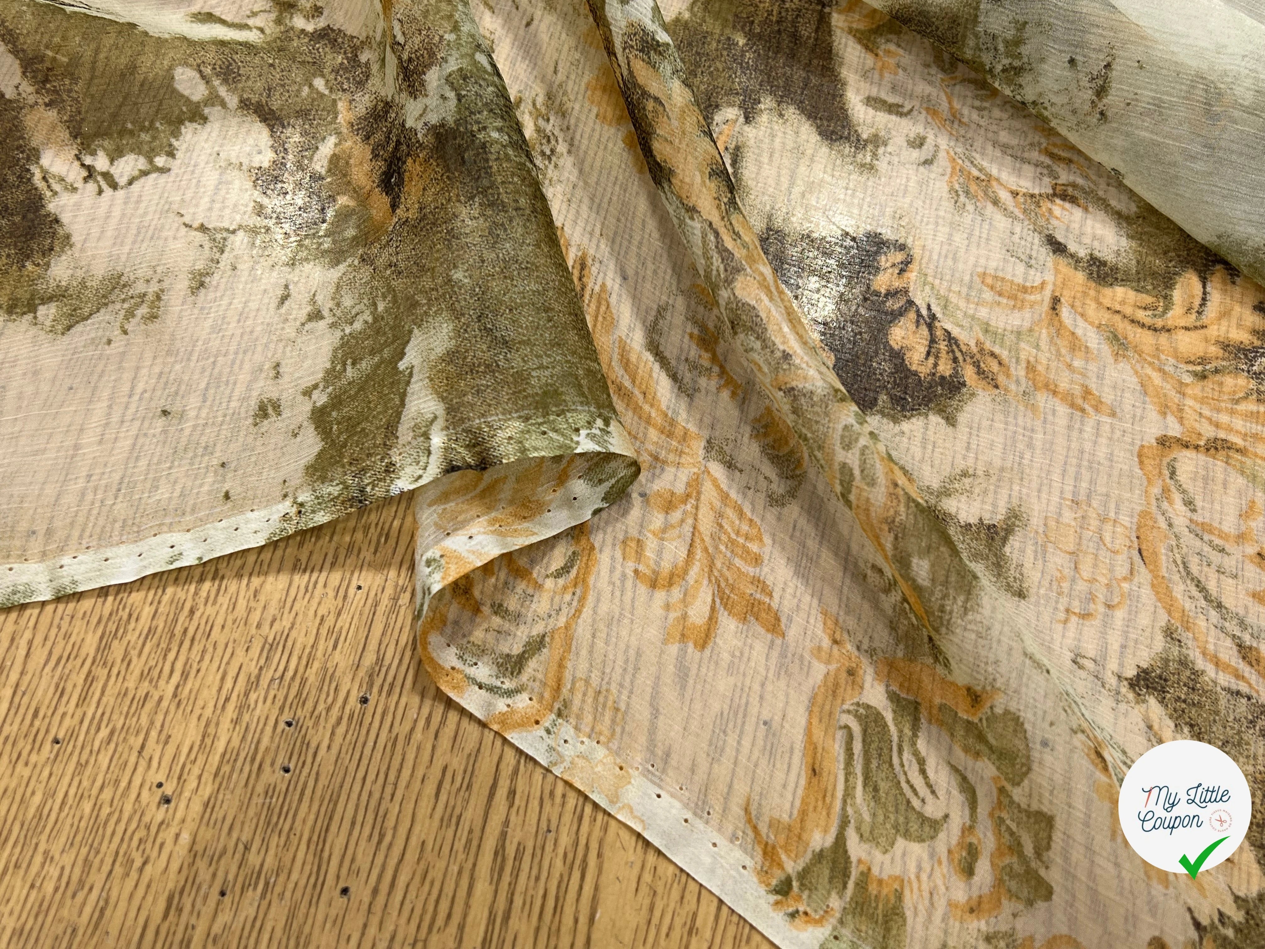 CRÈPON DE SOIE PLISSÉ MOTIF FLORAL ÉCRU KAKI - My Little Coupon