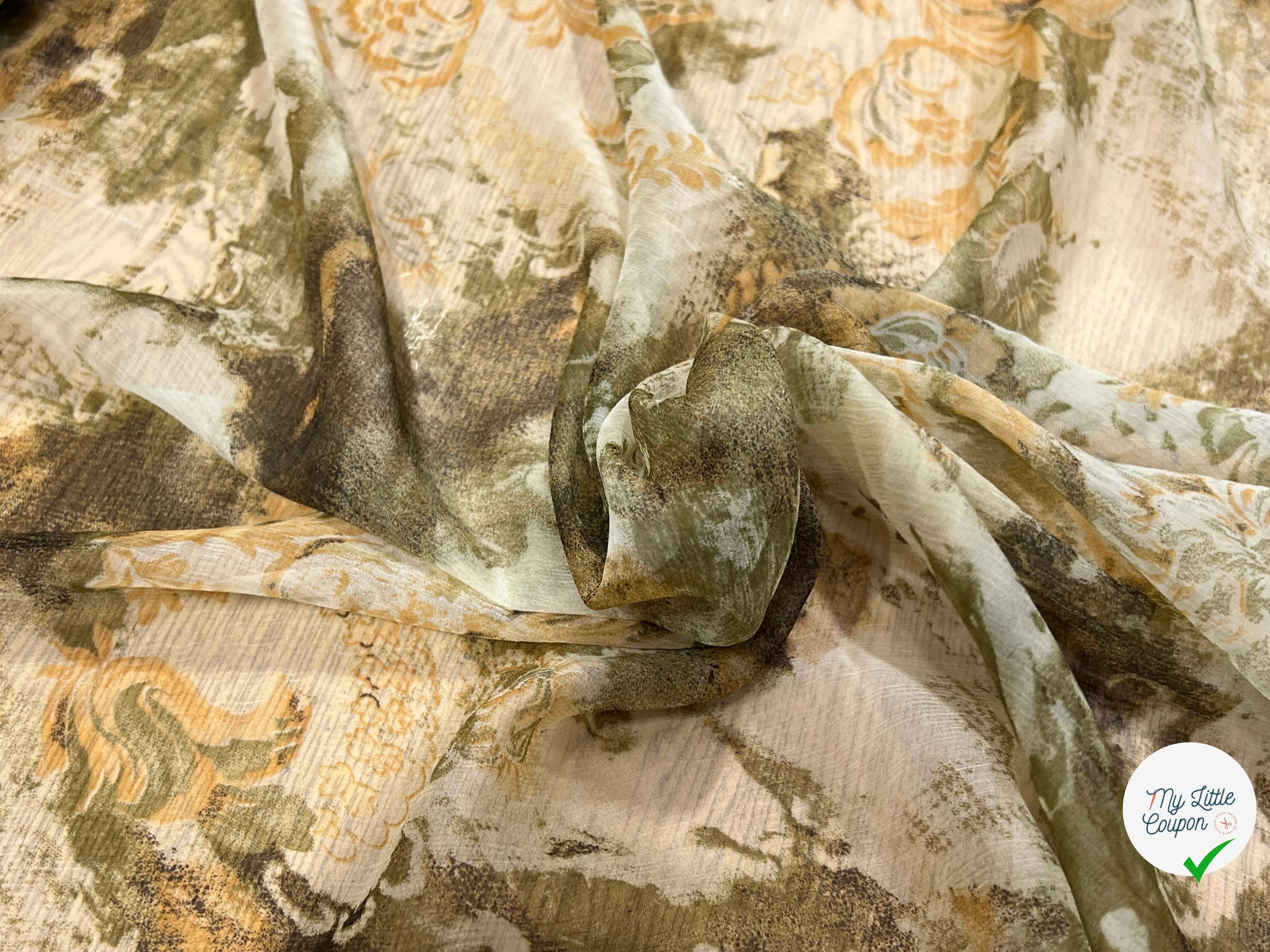 CRÈPON DE SOIE PLISSÉ MOTIF FLORAL ÉCRU KAKI - My Little Coupon