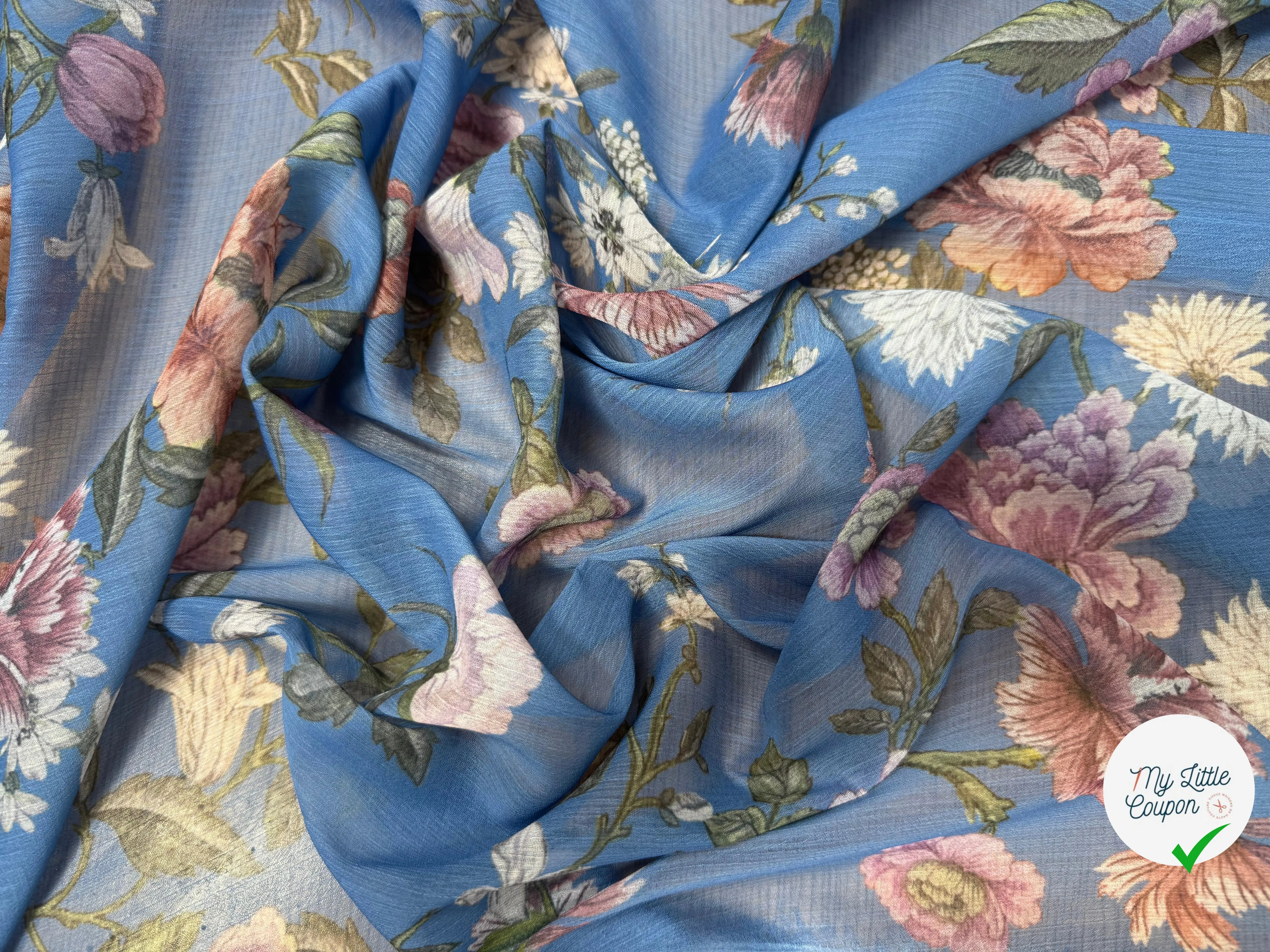 CREPON FOND BLEU MOTIFS FLEURS ROSE ORANGE ET BLANC - My Little Coupon