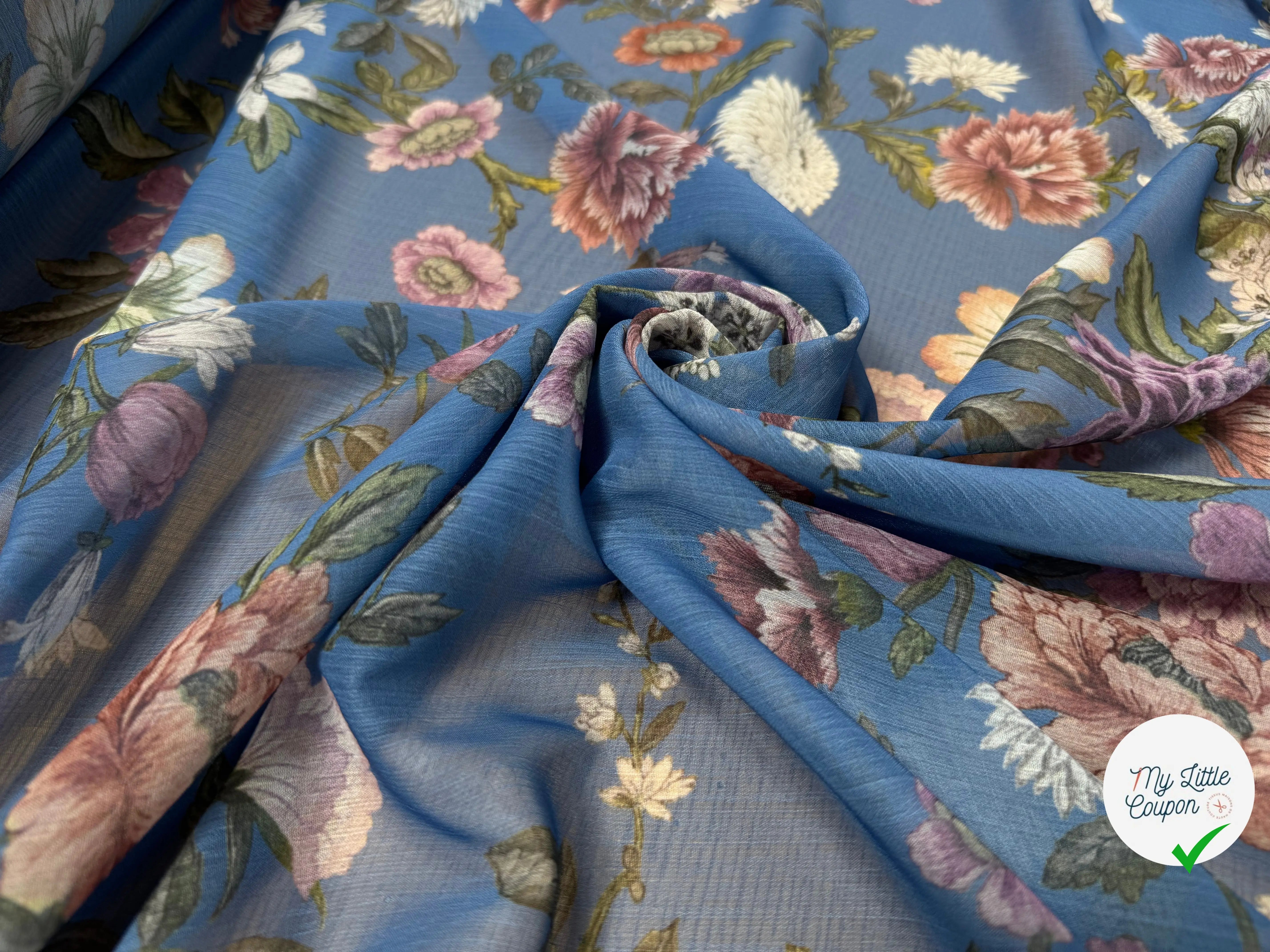 CREPON FOND BLEU MOTIFS FLEURS ROSE ORANGE ET BLANC - My Little Coupon