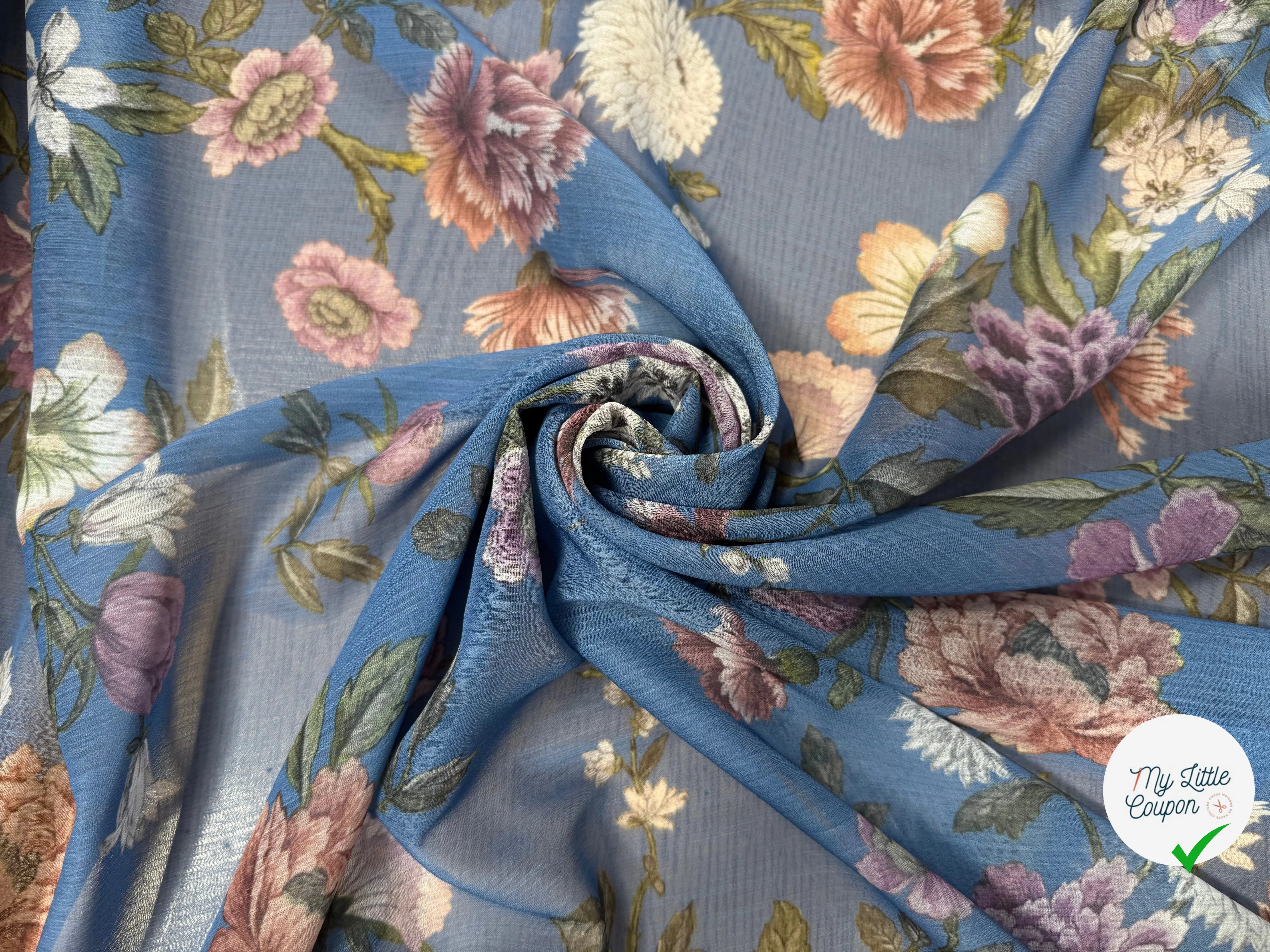 CREPON FOND BLEU MOTIFS FLEURS ROSE ORANGE ET BLANC - My Little Coupon