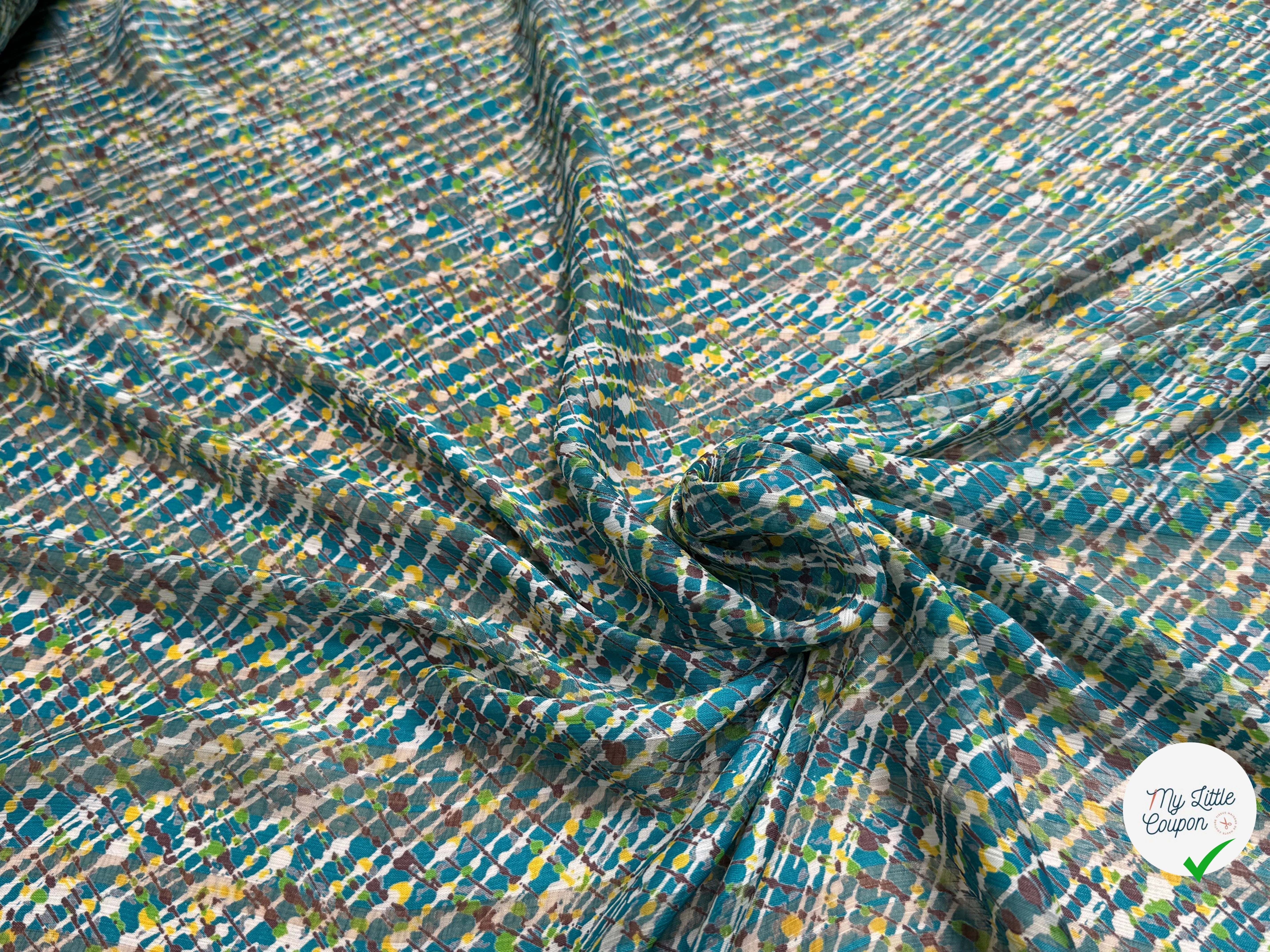 CREPON IMPRIMÉ MULTICOLORES OEUVRE D'ART FOND TURQUOISE - My Little Coupon