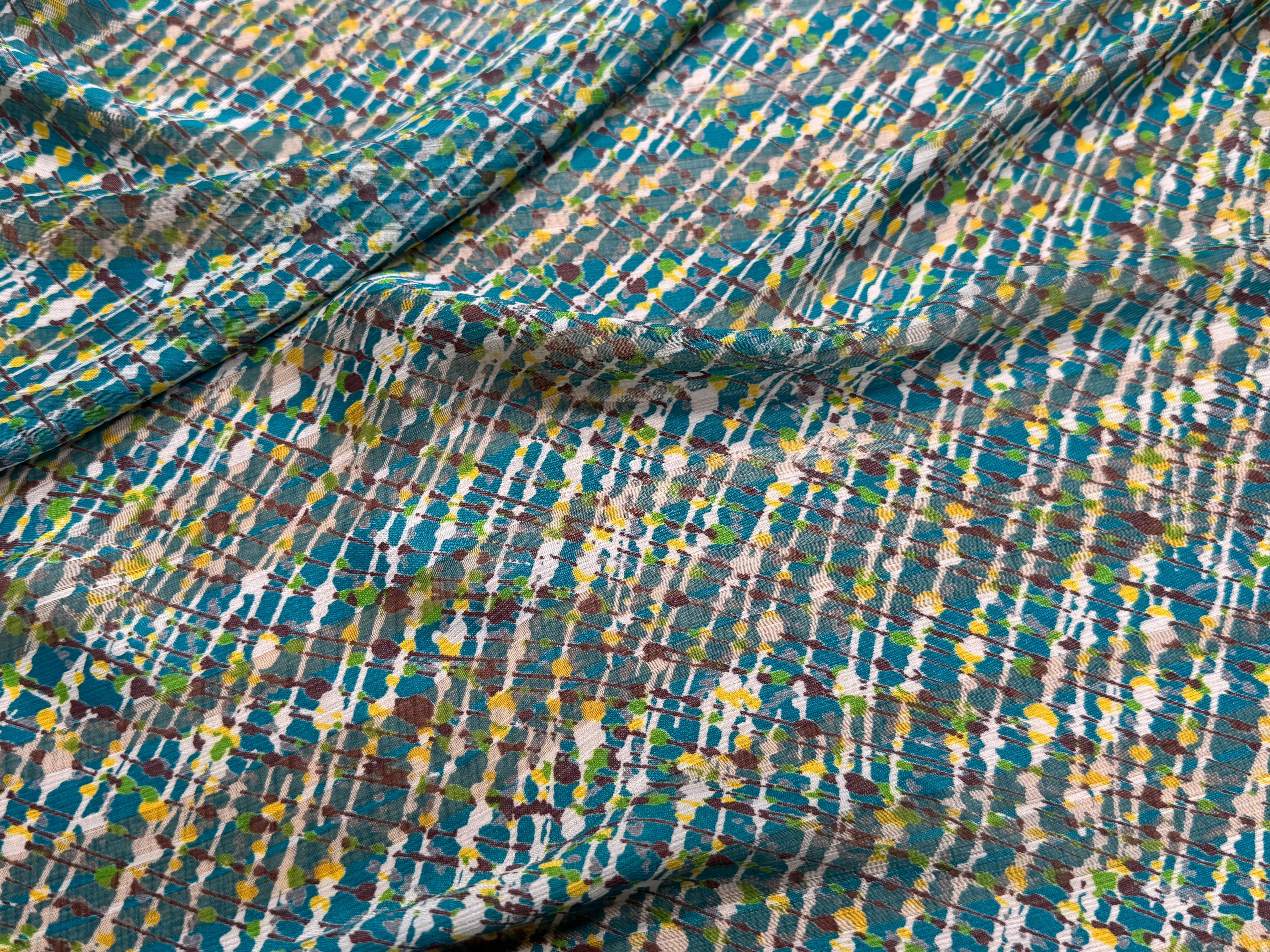 CREPON IMPRIMÉ MULTICOLORES OEUVRE D'ART FOND TURQUOISE - My Little Coupon