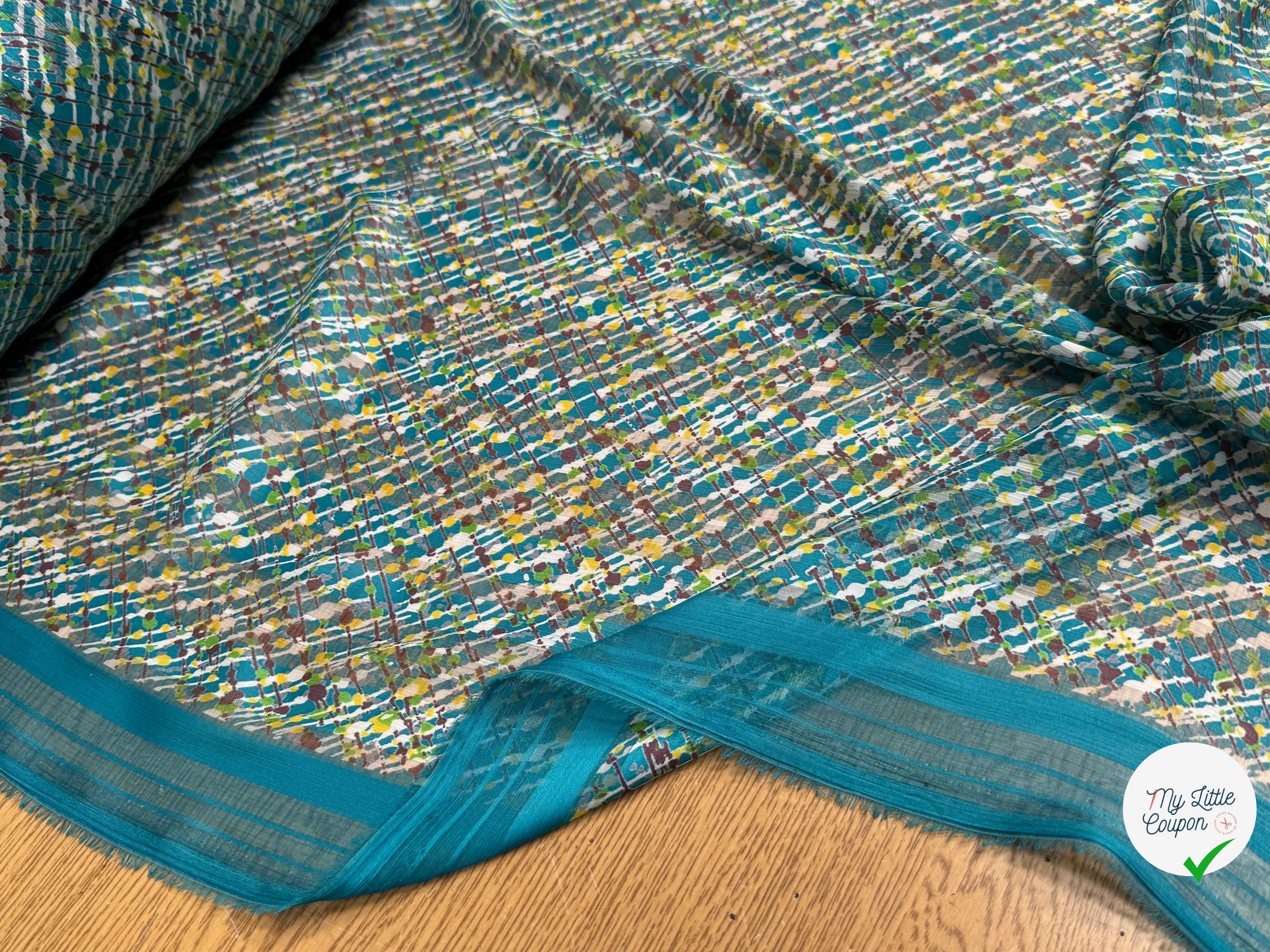 CREPON IMPRIMÉ MULTICOLORES OEUVRE D'ART FOND TURQUOISE - My Little Coupon