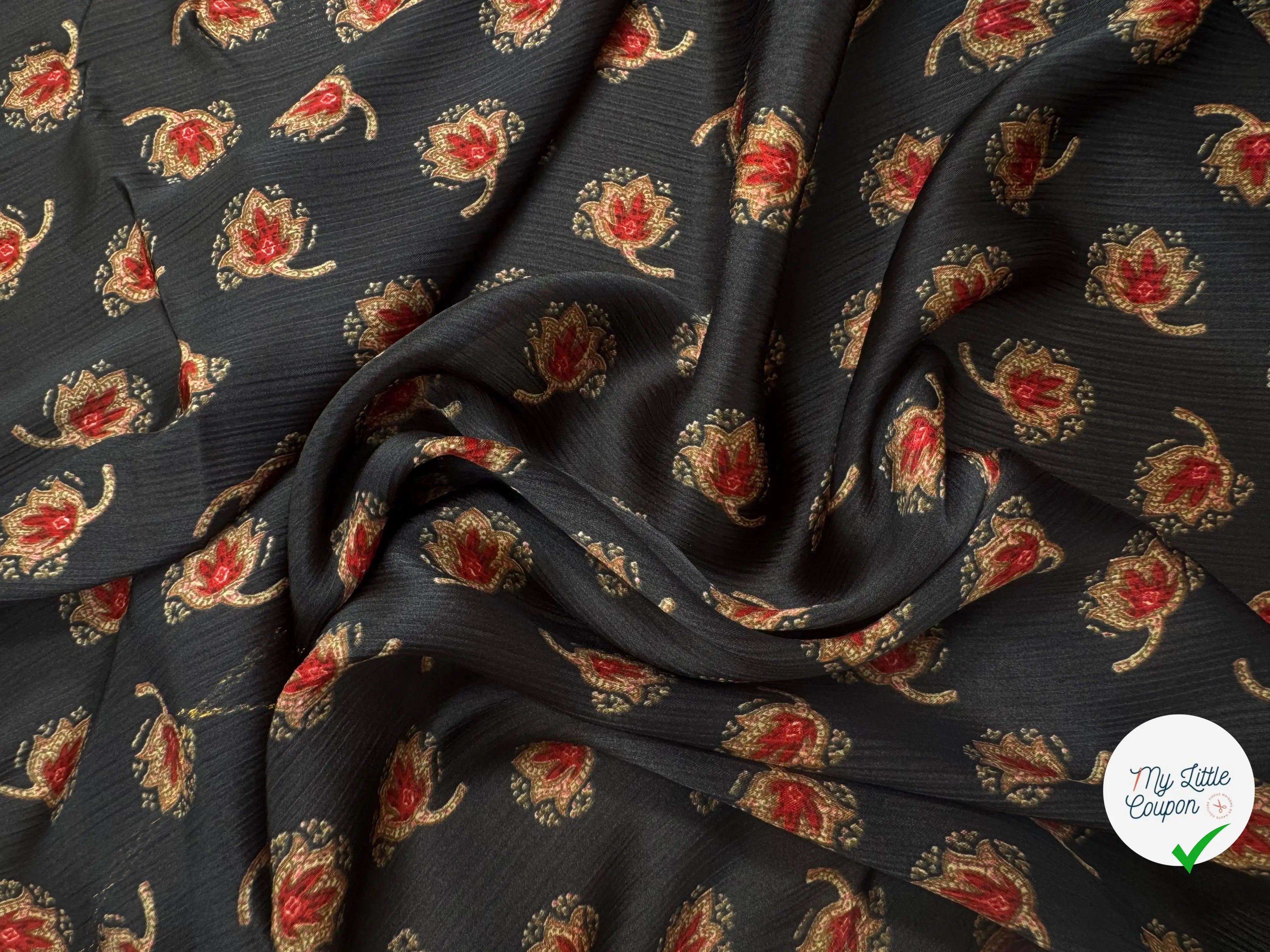 CREPON PLISSÉ FOND NOIR FLEURS ROUGE ET JAUNE - My Little Coupon