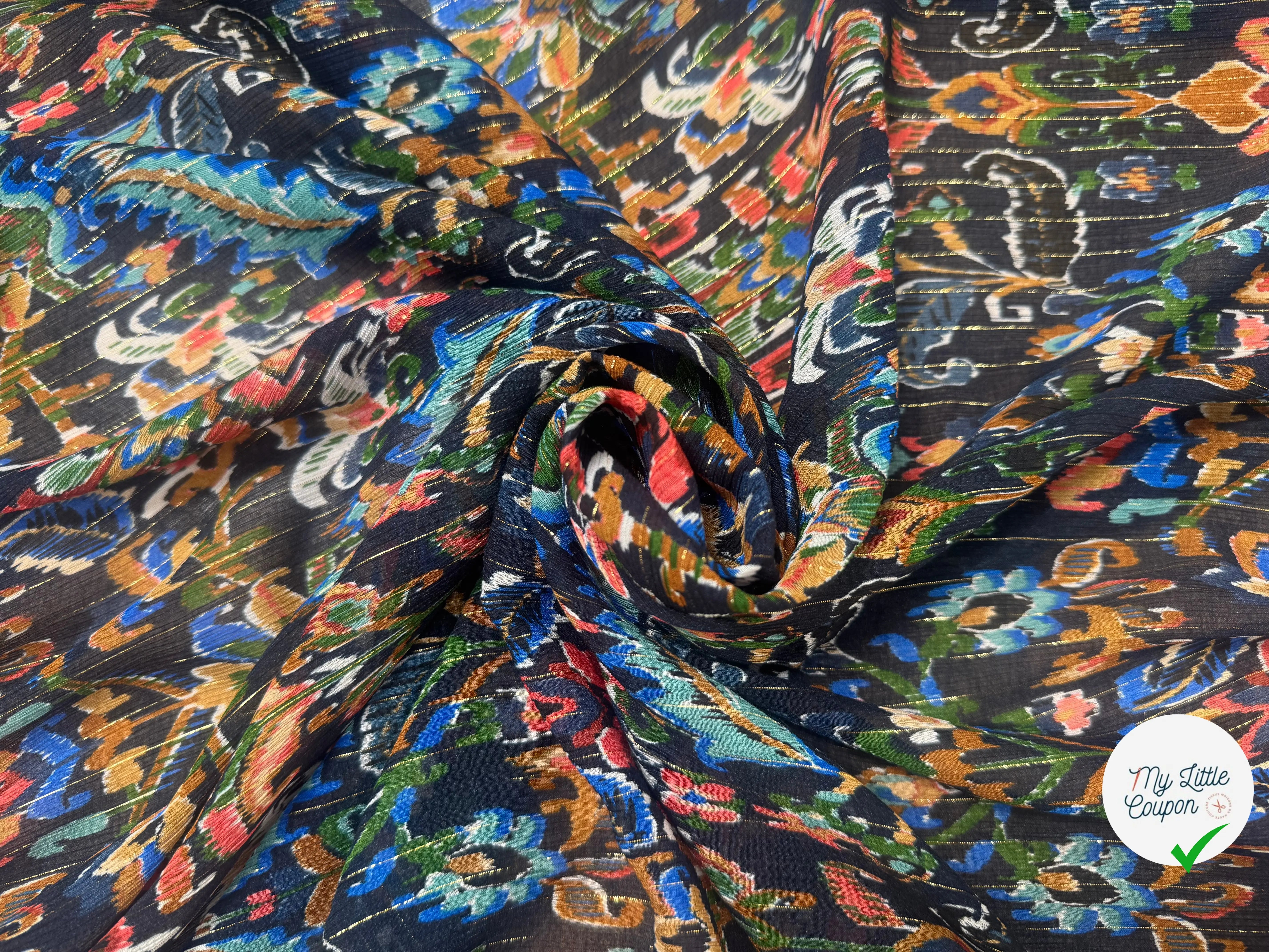 CREPON VISCOSE SOIE PAILÉ MULTICOLORE FOND NOIR RAYÉ - My Little Coupon