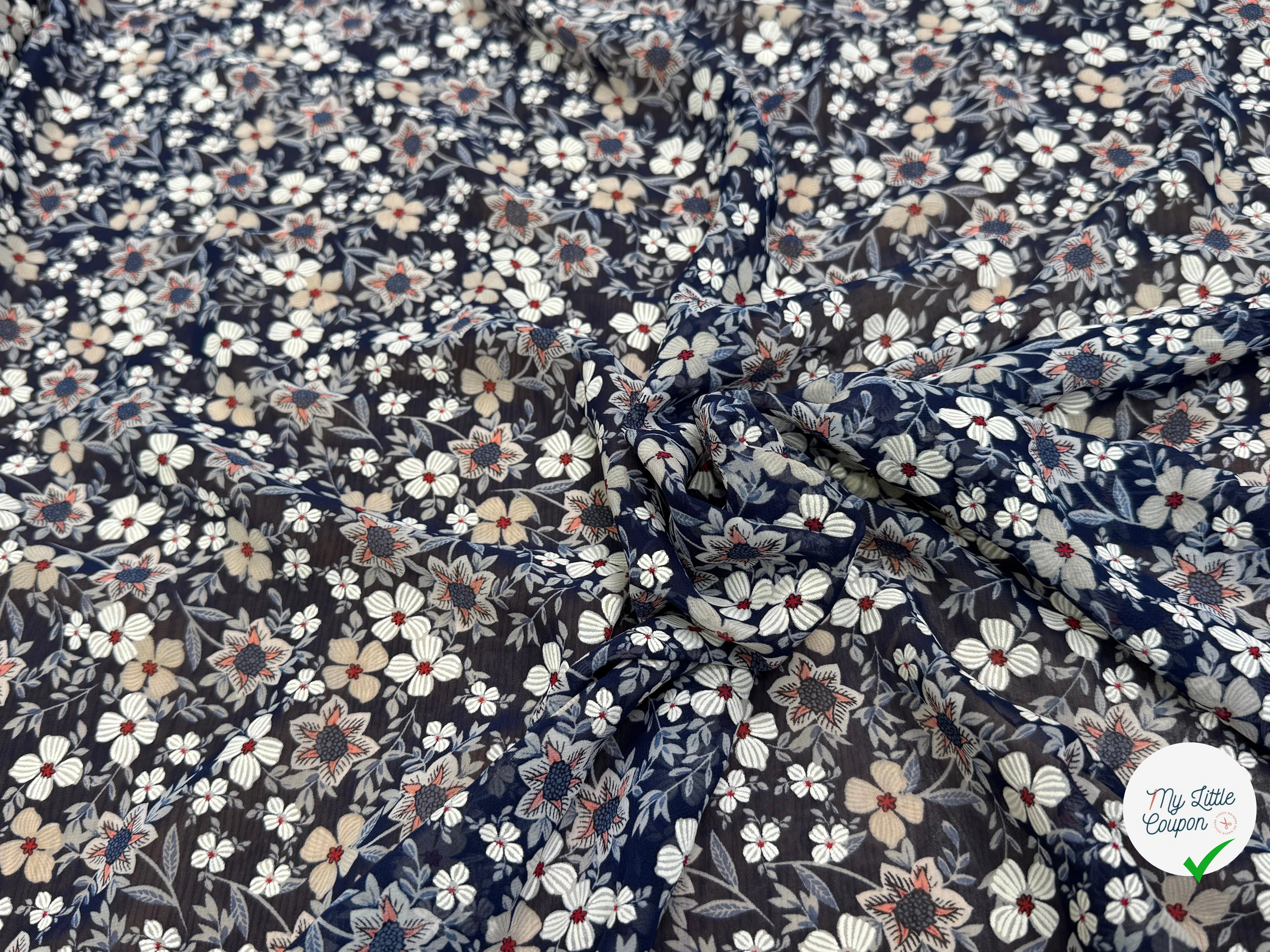 CHIFFON PRINTED JOLIES FLEURS FOND MARINE - My Little Coupon