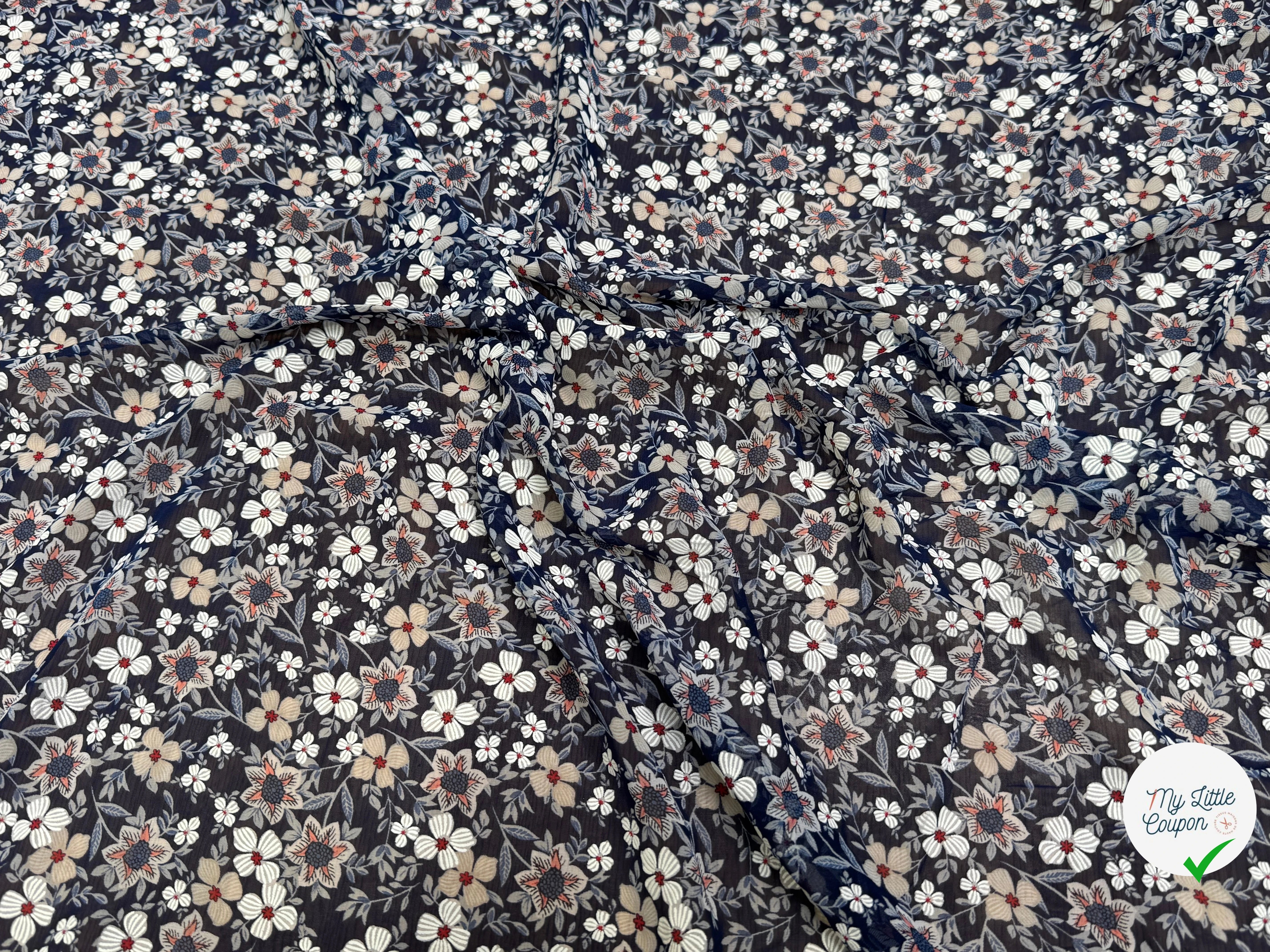 CHIFFON PRINTED JOLIES FLEURS FOND MARINE - My Little Coupon