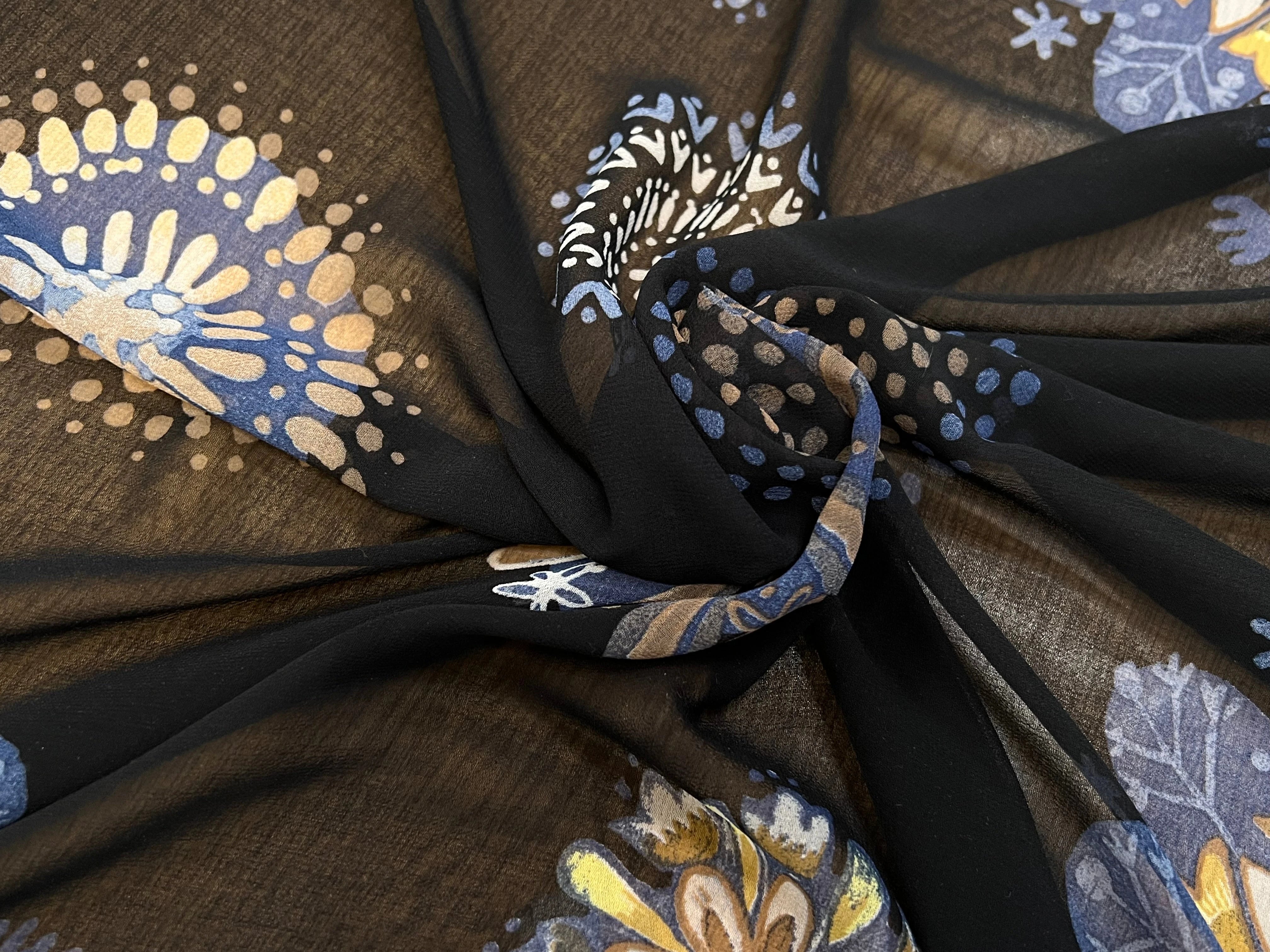 (Chute) CRÈPE FLUIDE FOND NOIR IMPRIMÉ FLEURS POLYESTER - My Little Coupon