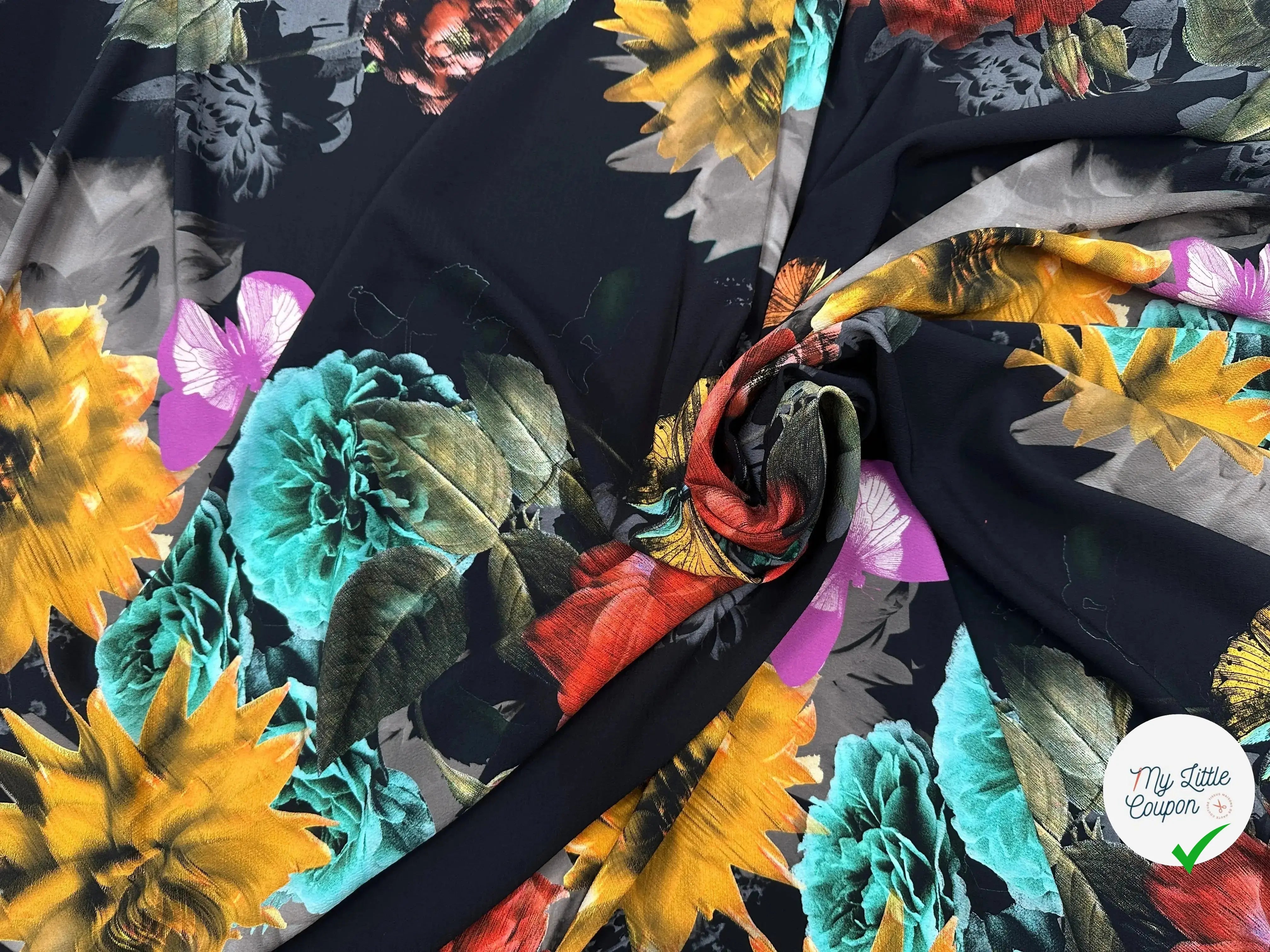 CREPE GAUFFRÉ NOIR PAPILLONS & FLEURS MLC INTERN