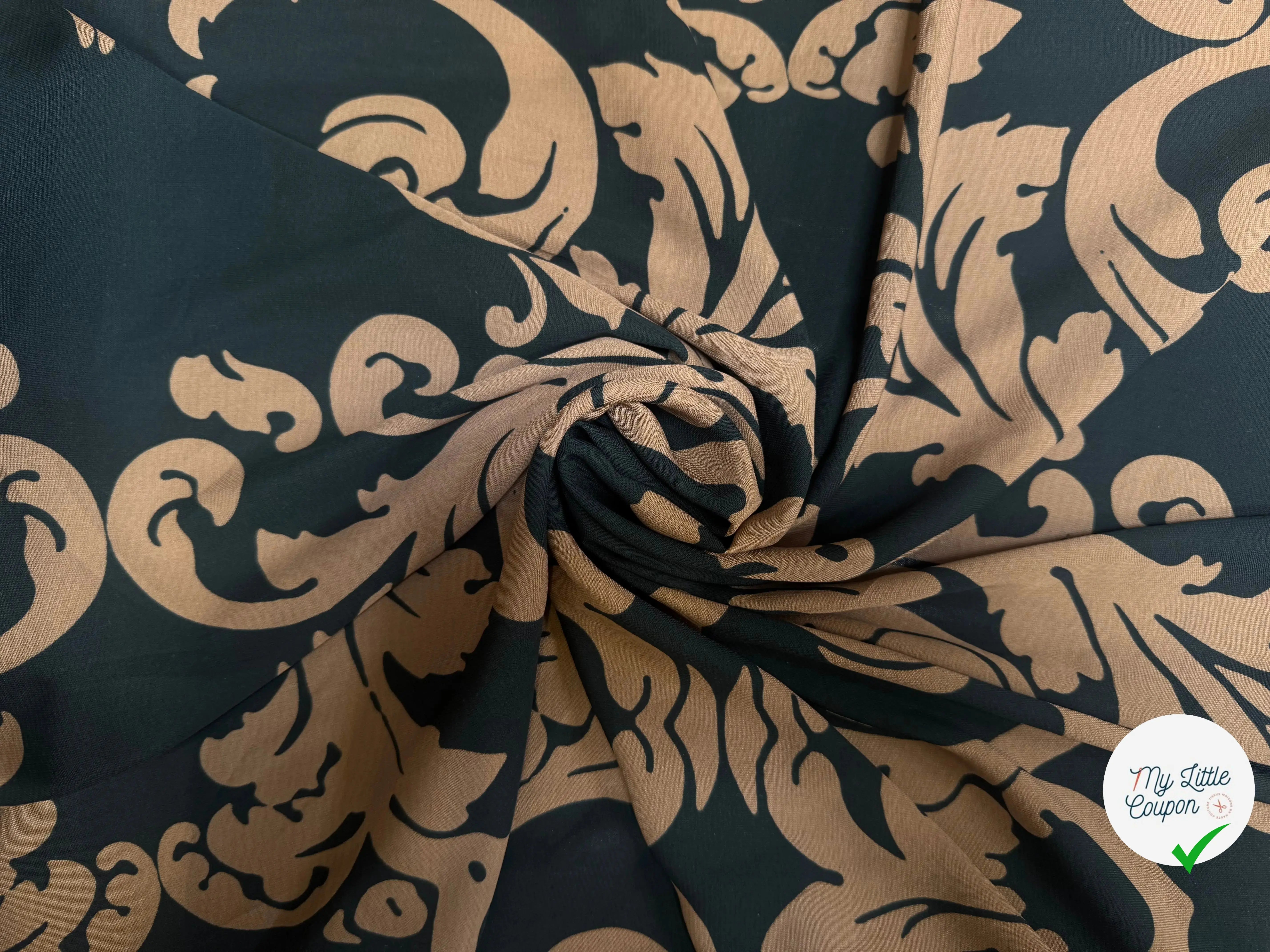 CRÊPE POLYESTER MOTIF FEUILLAGE VERT ET MARRON - My Little Coupon