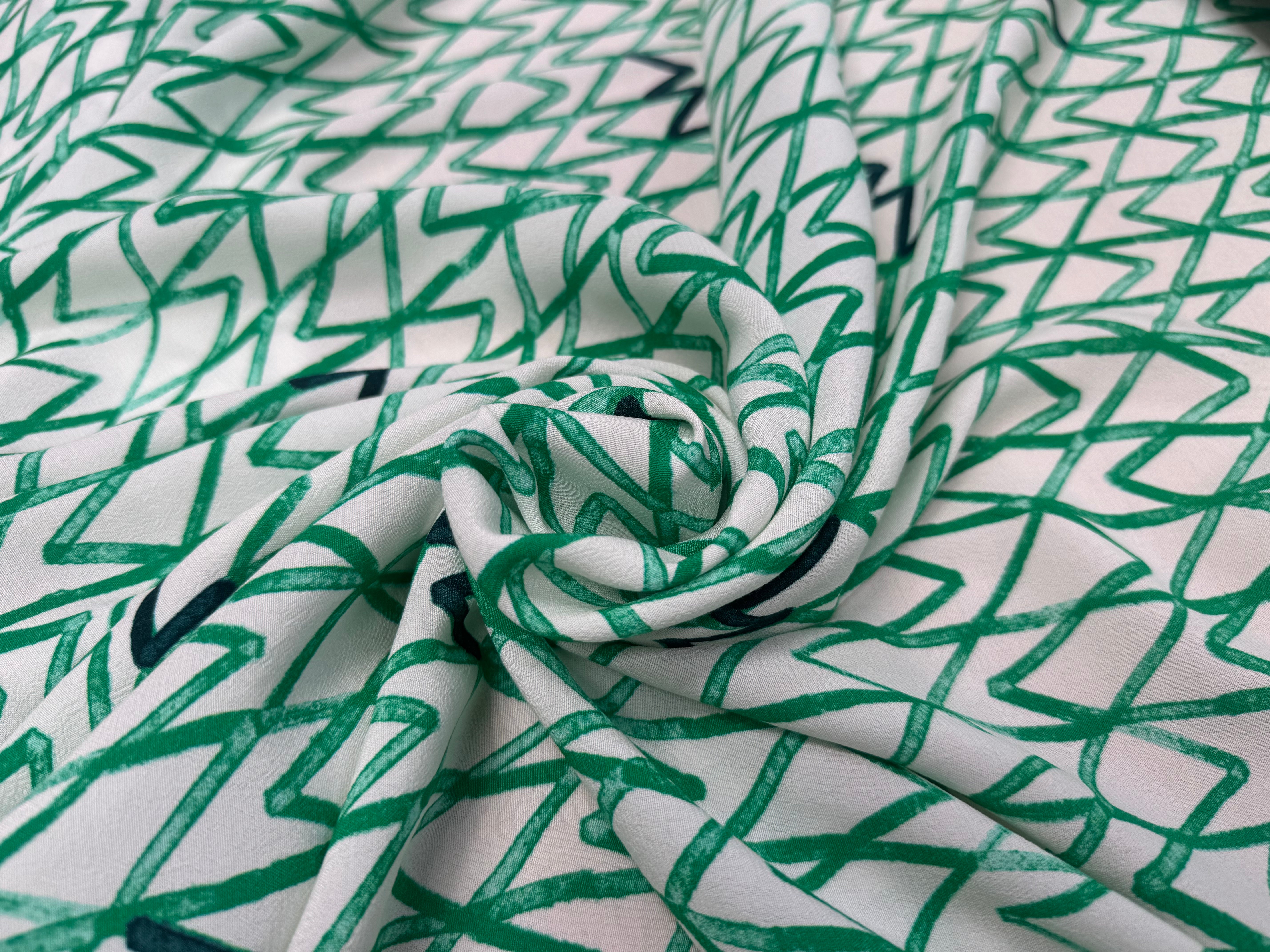 CRÊPE VISCOSE ECOVERO FOND BLANC MOTIFS GEOMETRIQUE VERT - My Little Coupon