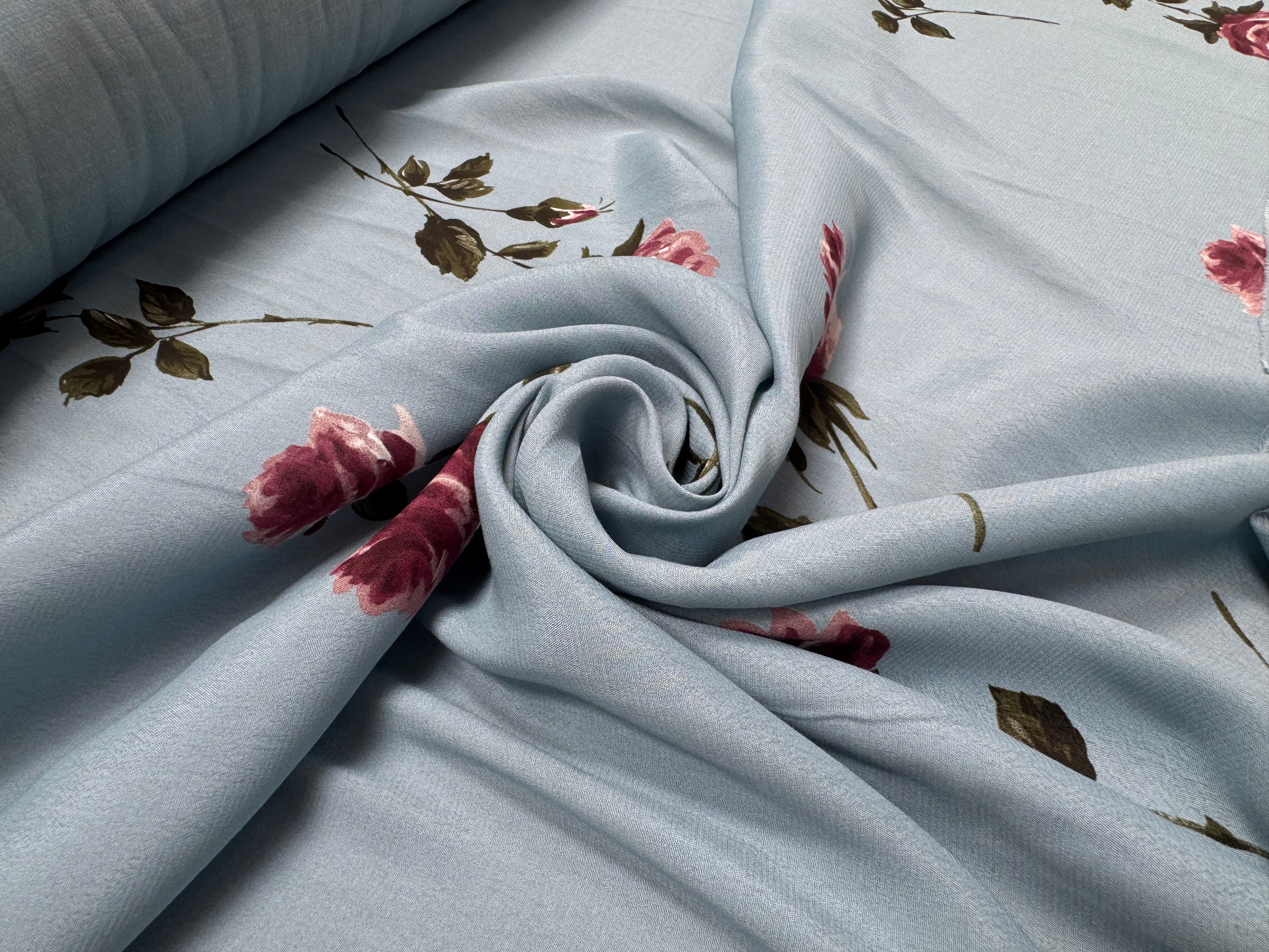 CRÊPE VISCOSE FOND BLEU MOTIFS FLEURS - My Little Coupon