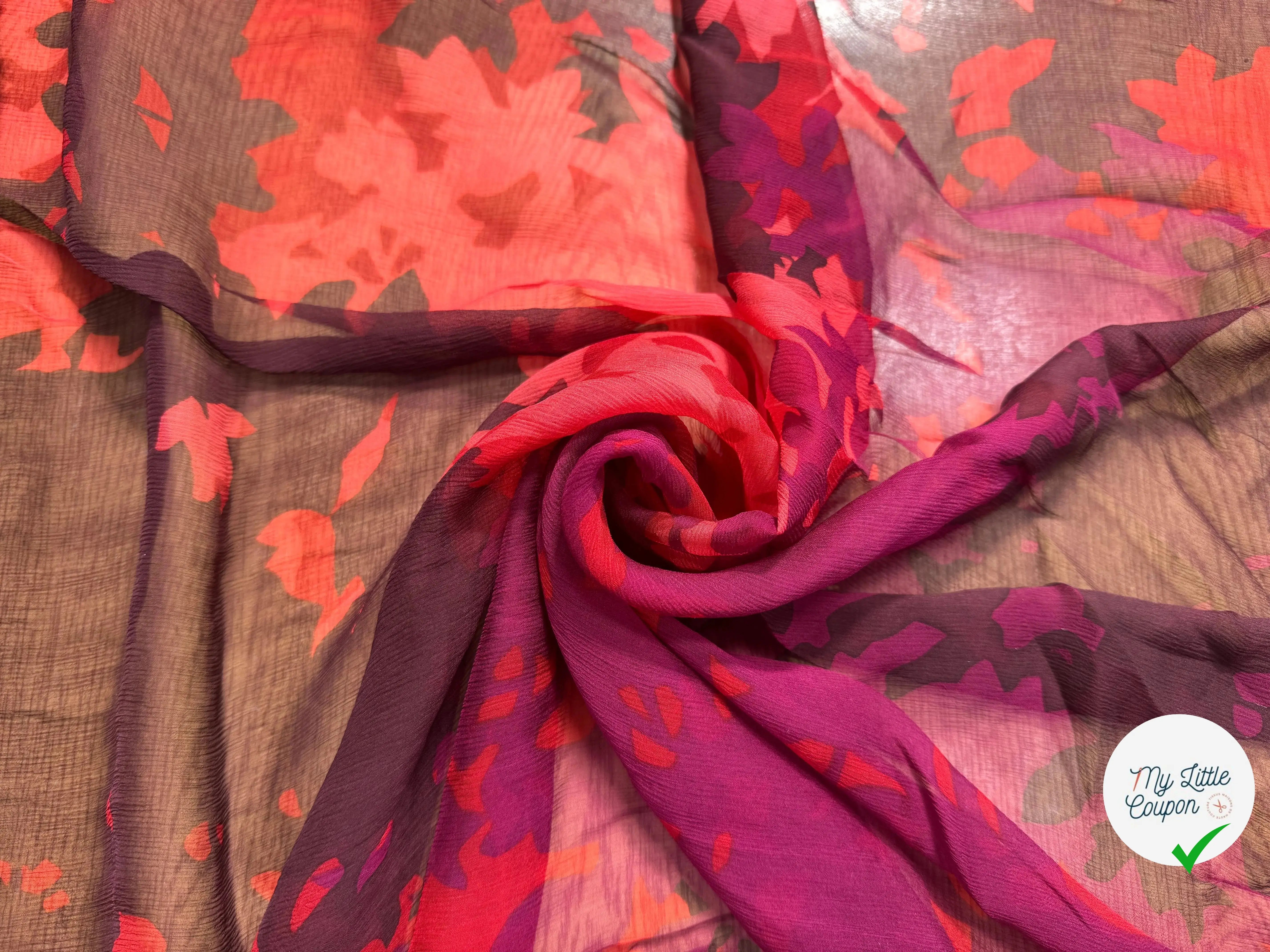CRÉPON DE SOIE VIOLET ROUGE, NOIR MOTIFS FEUILLAGES - My Little Coupon