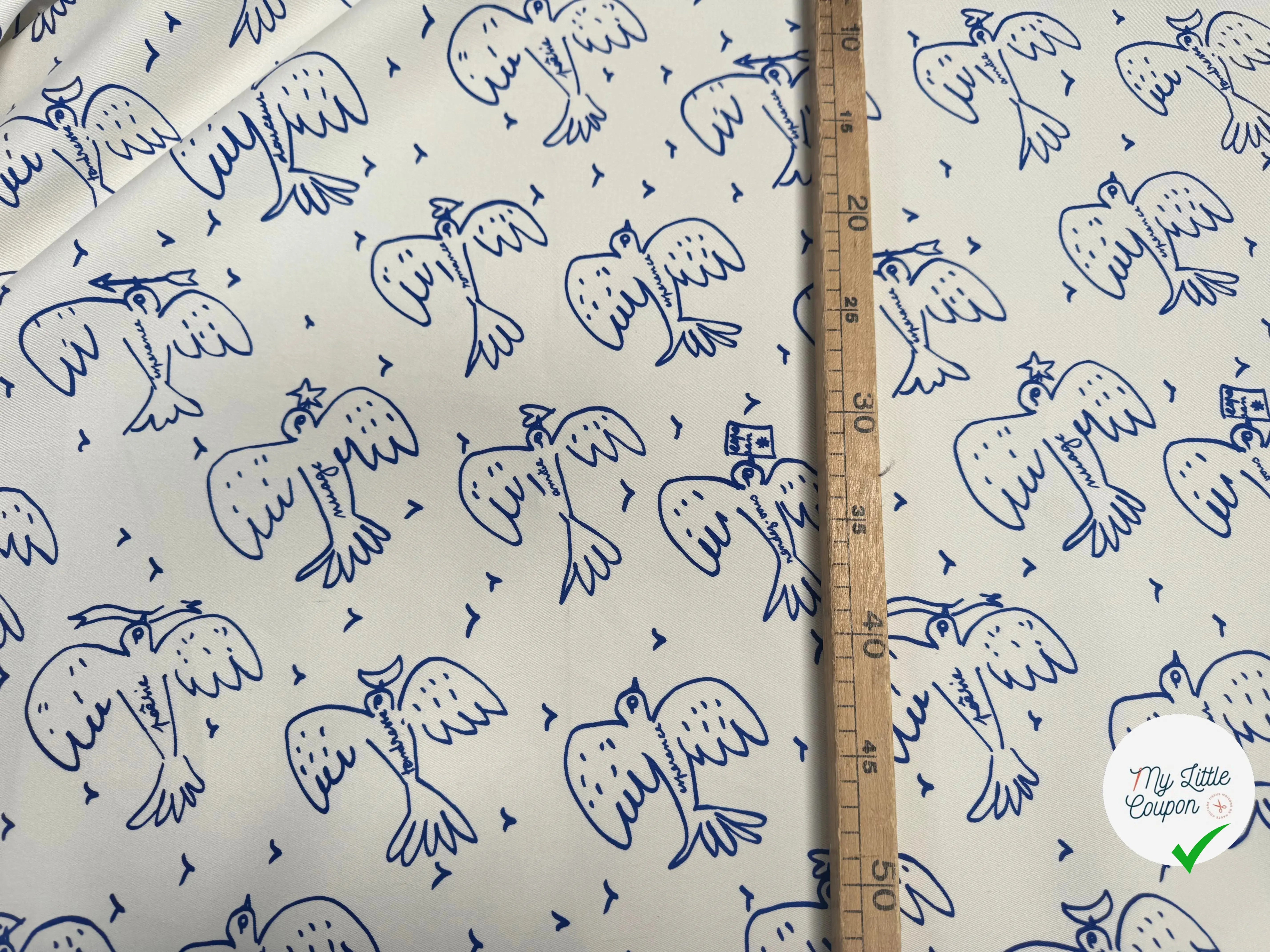 GABARDINE STRETCH DE COTON BLANC CASSÉ OISEAU BLEU - My Little Coupon