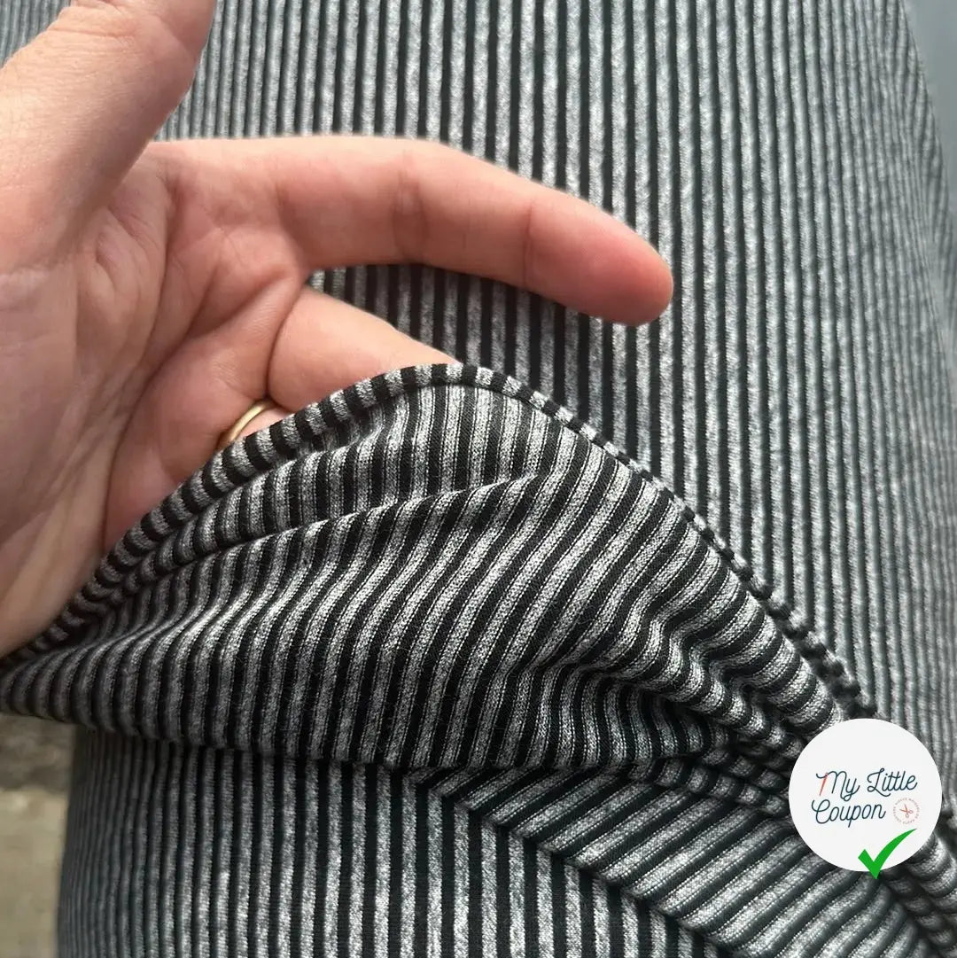 JERSEY DE COTON GRIS CHINÉ STRIPES NOIRES HORIZONTALES - My Little Coupon