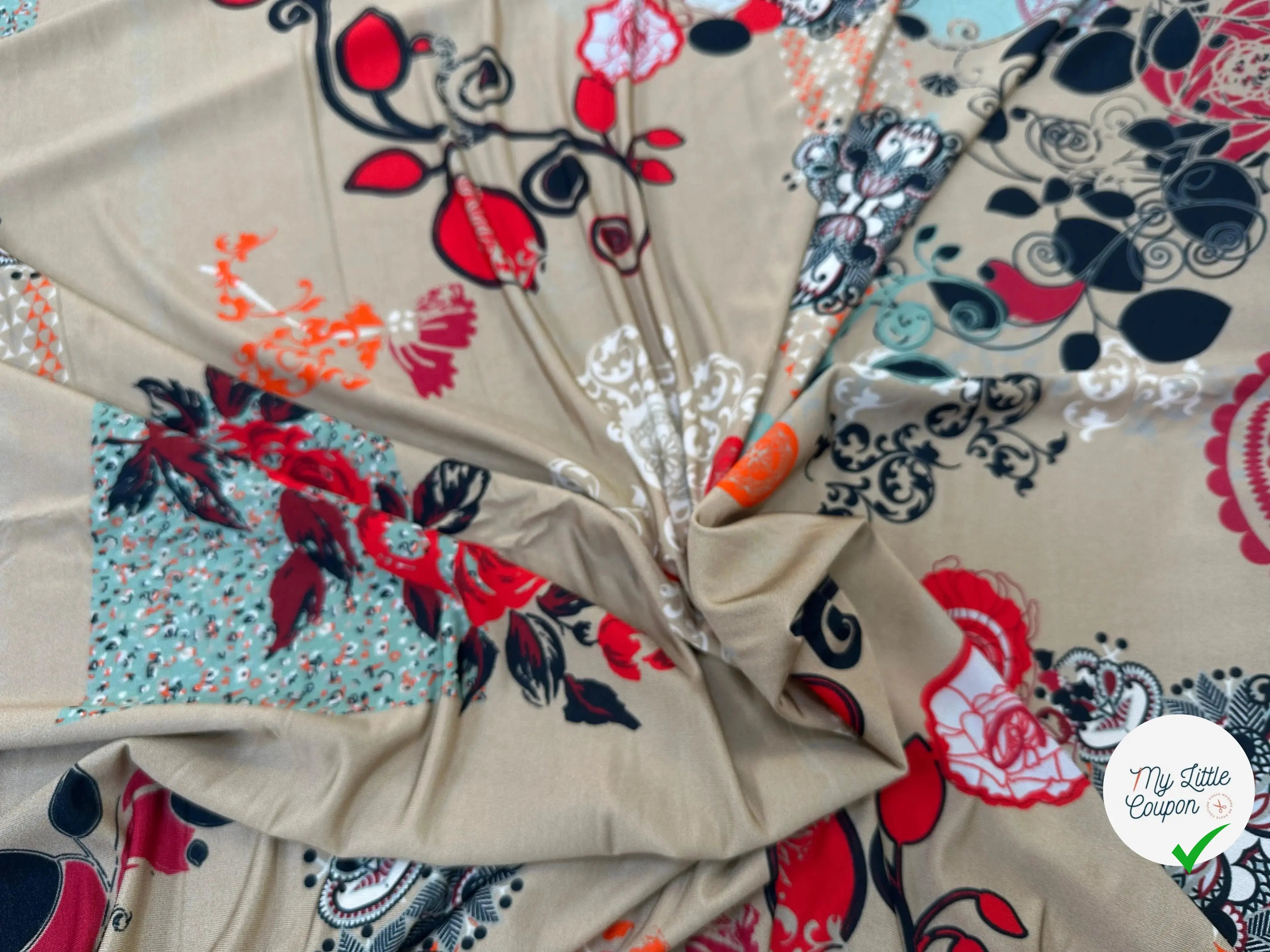 JERSEY VISCOSE FLEURS DE BEIGE ARABESQUE - My Little Coupon