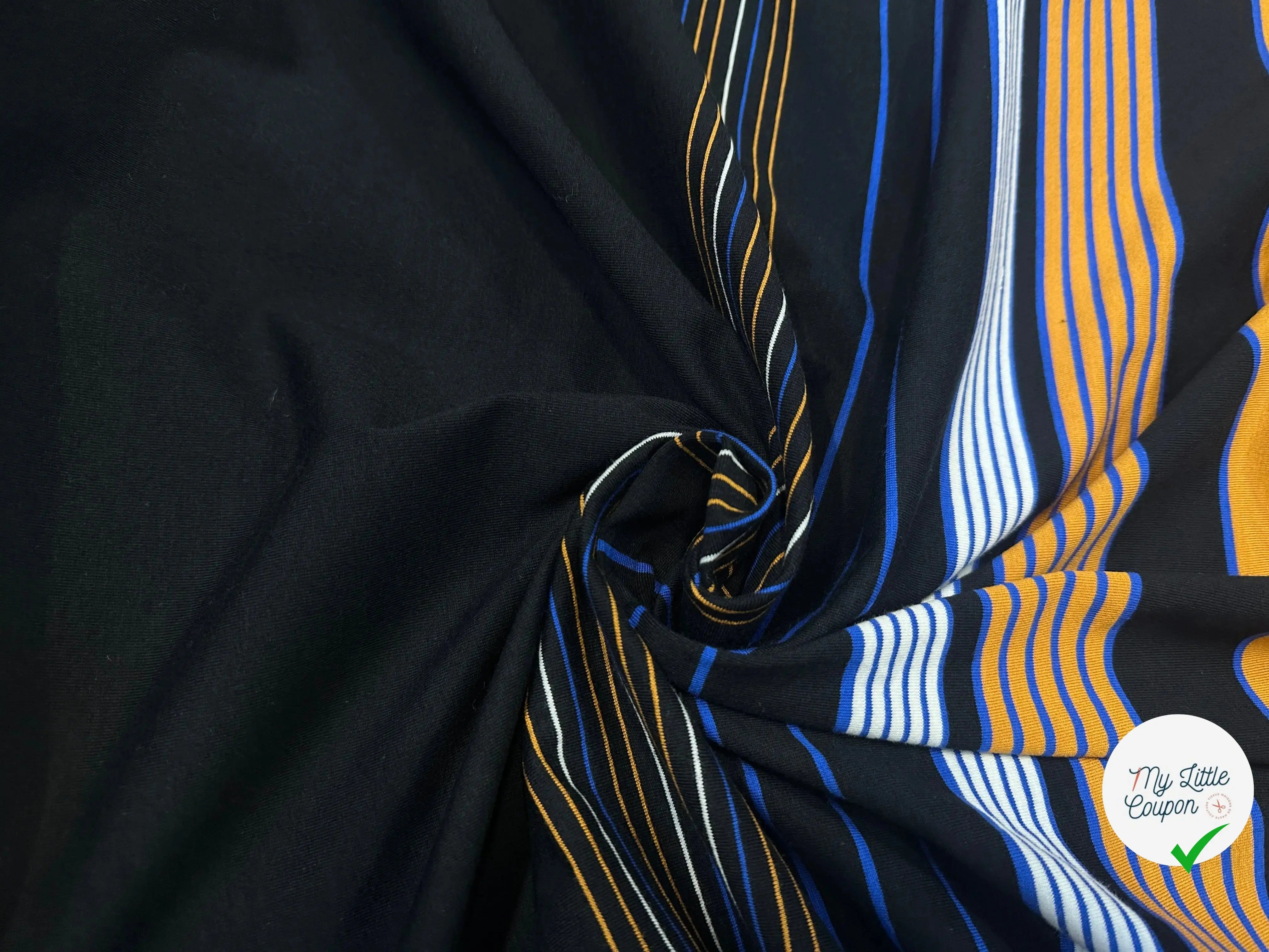MAILLE RAYÉE FOND NOIR GRANDE LAIZE RAYURES BLEU ORANGE BLANCHE - My Little Coupon